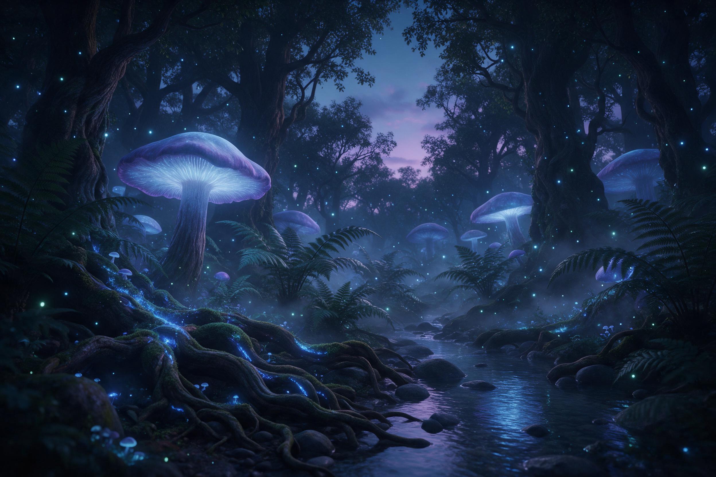 An ancient glowing forest at twilight, colossal bioluminescent mushrooms casting soft blue and purple light onto winding moss-covered roots, a small crystal-clear stream reflecting the ethereal glow, faint mist weaving between giant ferns, fireflies scattered like stars, deep shadows and gentle high