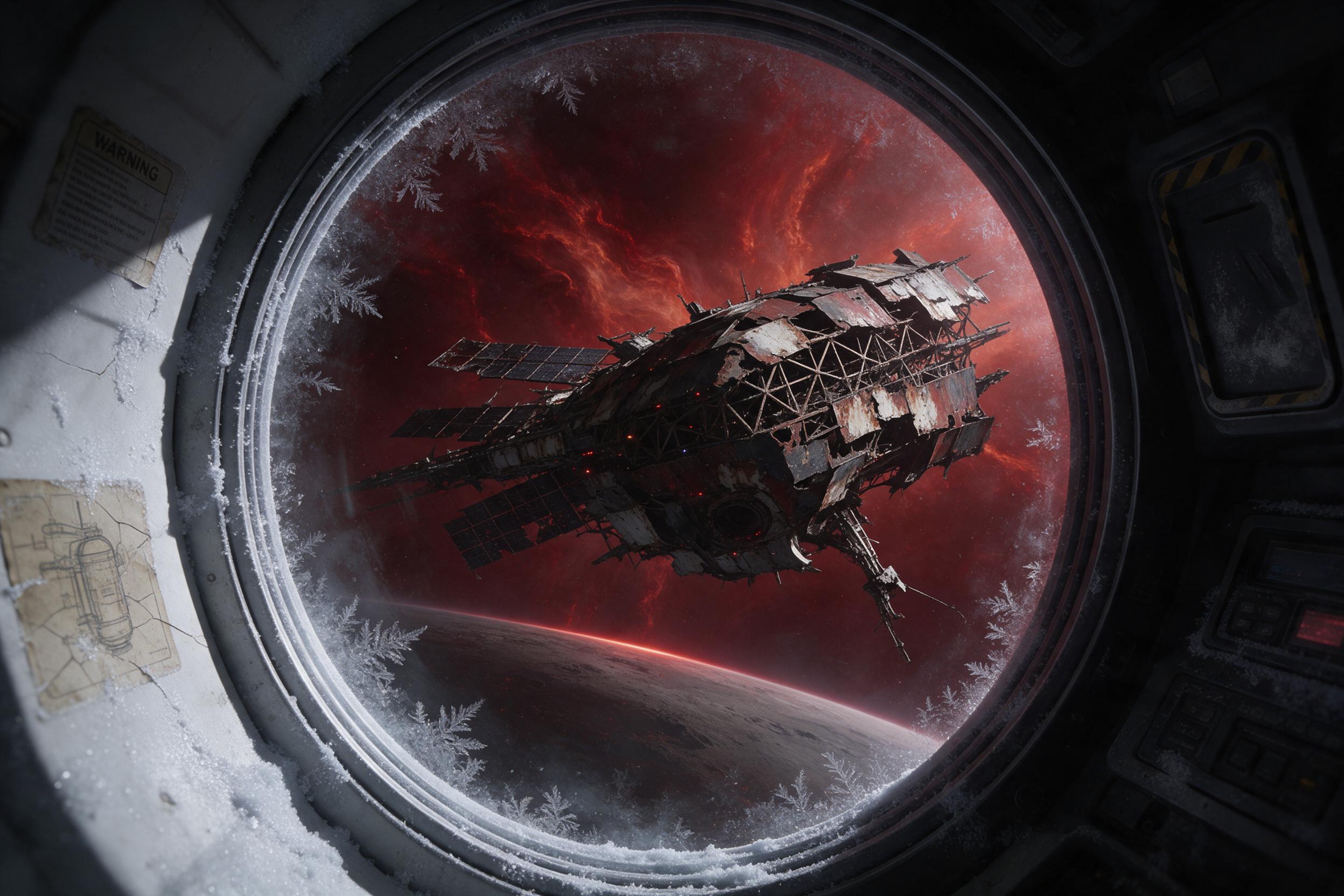 A derelict space station orbiting a dying star, its skeletal framework silhouetted against a swirling crimson nebula. View from a drifting escape pod window, frost crystals on the glass, faint emergency lights flickering across corroded hull panels. Cold, hard directional light from the star glints 