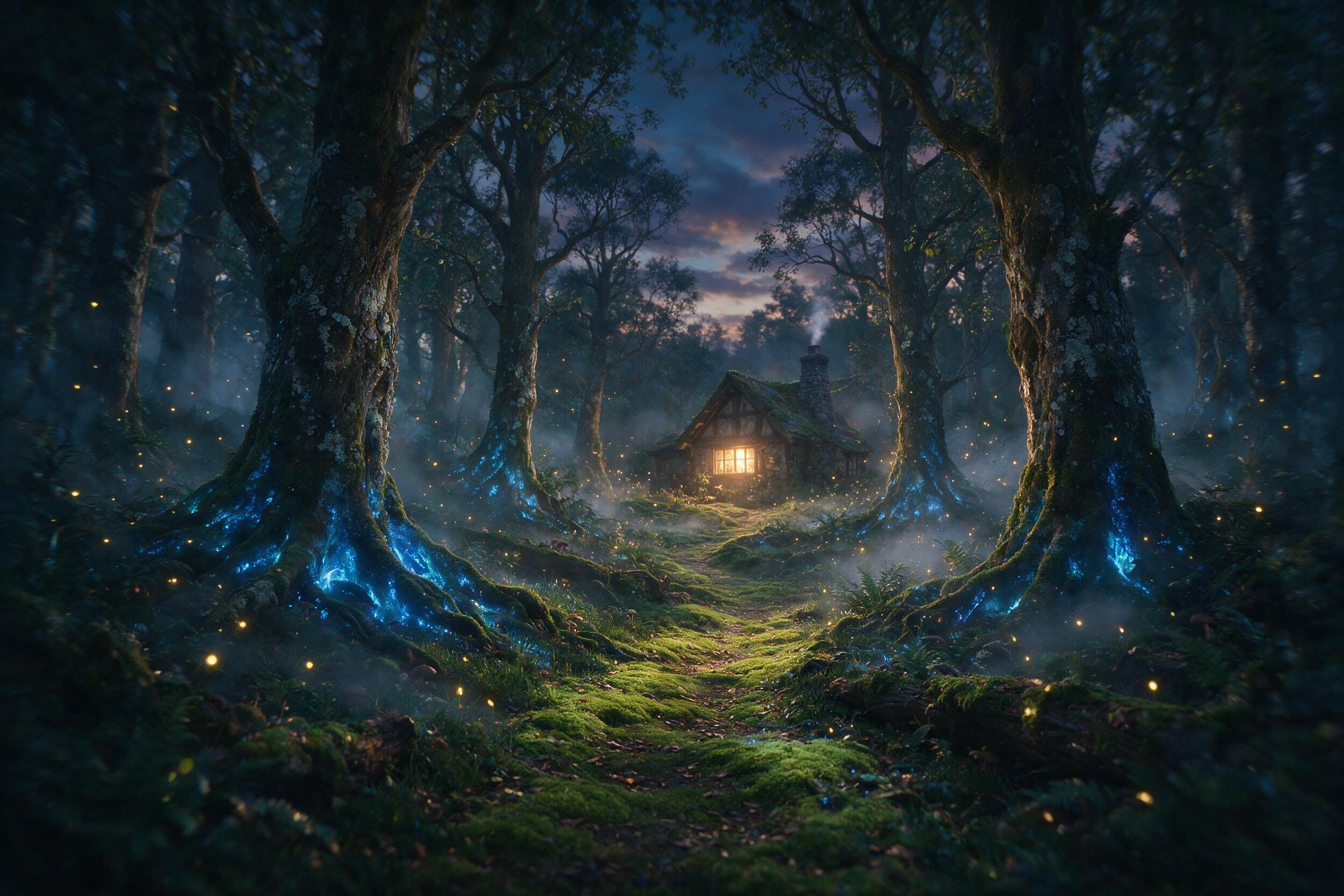 A luminous forest at twilight, ancient trees with glowing blue roots, floating fireflies, a narrow path covered in moss, soft mist rising, warm golden light from a distant cottage window, slight camera shake, natural vignette