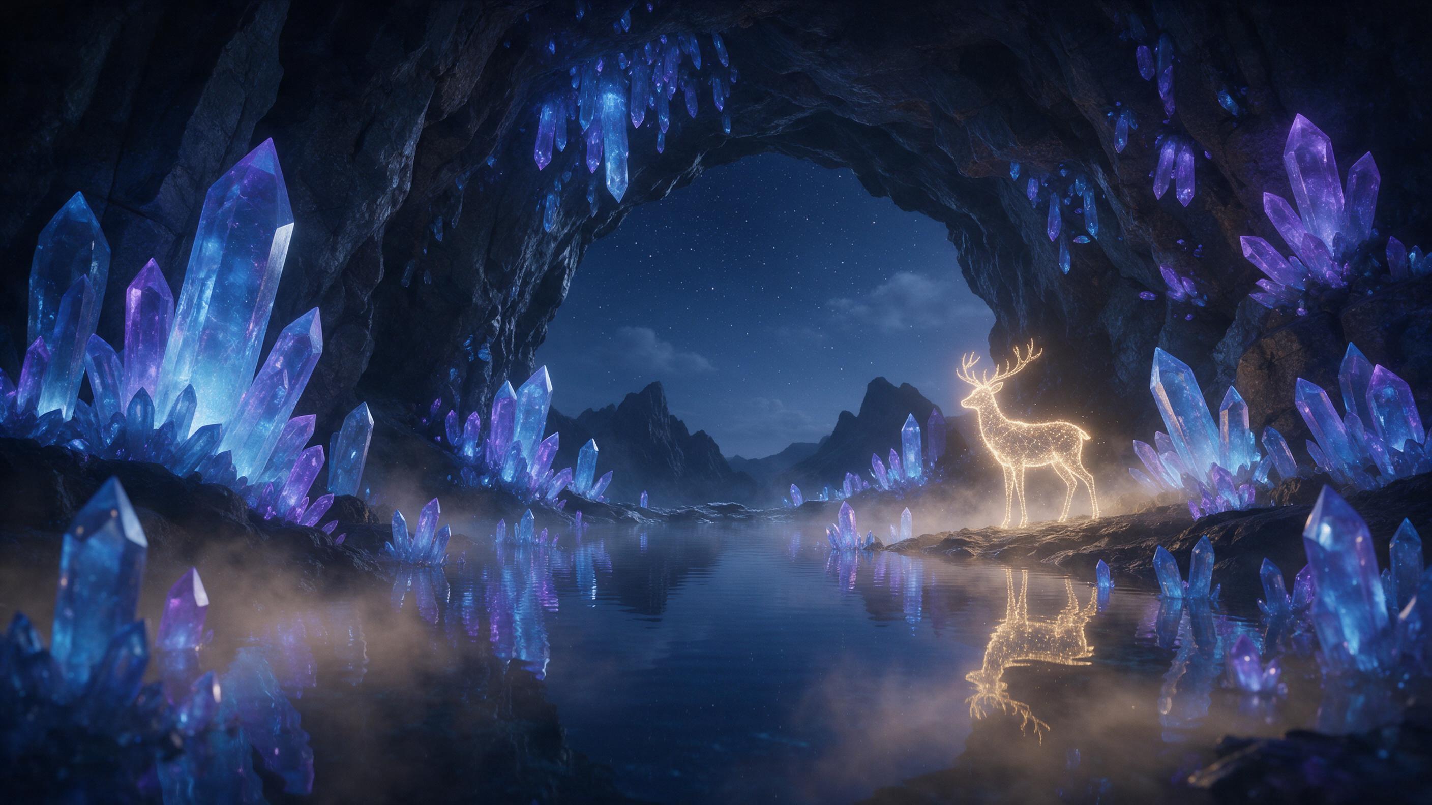 A bioluminescent crystal cave beneath a starry sky, glowing blue and violet crystals reflect in a still underground lake, faint golden mist drifts, a silhouette of a deer made of light steps on the shore, soft ambient glow, wide-angle composition, dreamy atmosphere.