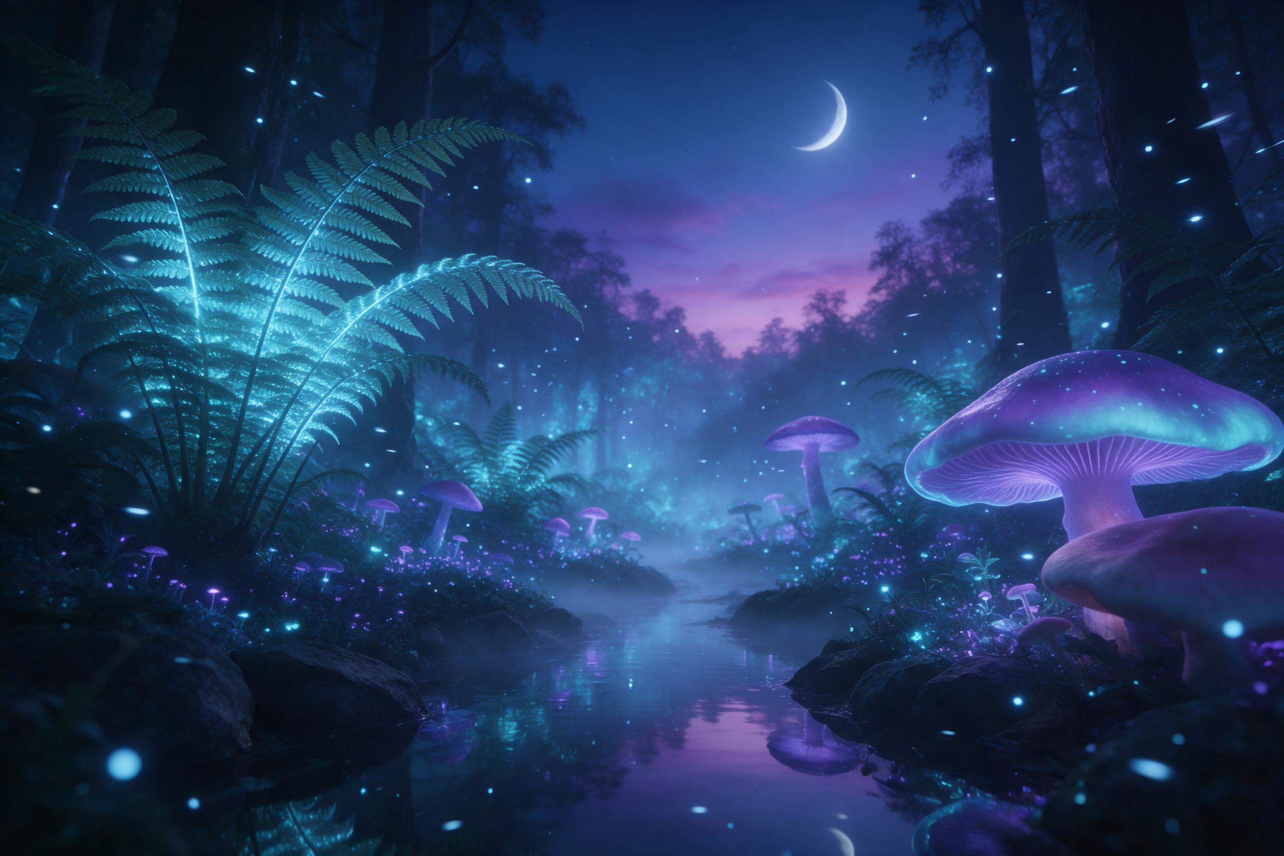 A bioluminescent forest at dusk, towering ferns and giant mushrooms glow in cyan and violet. A misty stream weaves through, fireflies drift. Soft rim light from a crescent moon, calm mirror-like water. Wide-angle composition, ethereal fantasy.