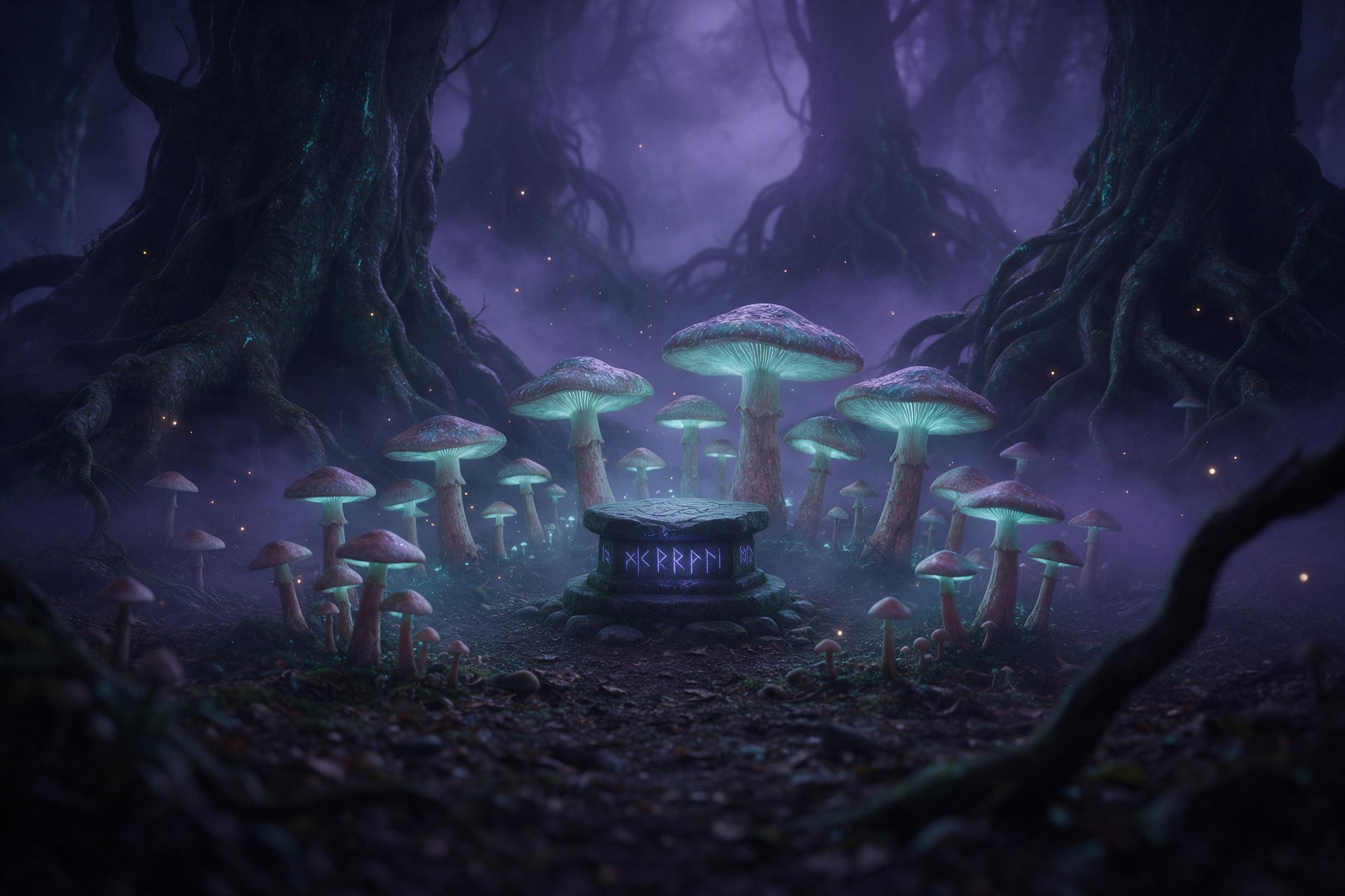 A misty hollow where enormous luminescent mushrooms grow in concentric rings, their gills casting soft teal light onto a small stone altar, ancient runes glowing faintly; deep violet fog swirls between towering, twisted roots; fireflies drift like embers; cinematic shallow depth of field, cool color