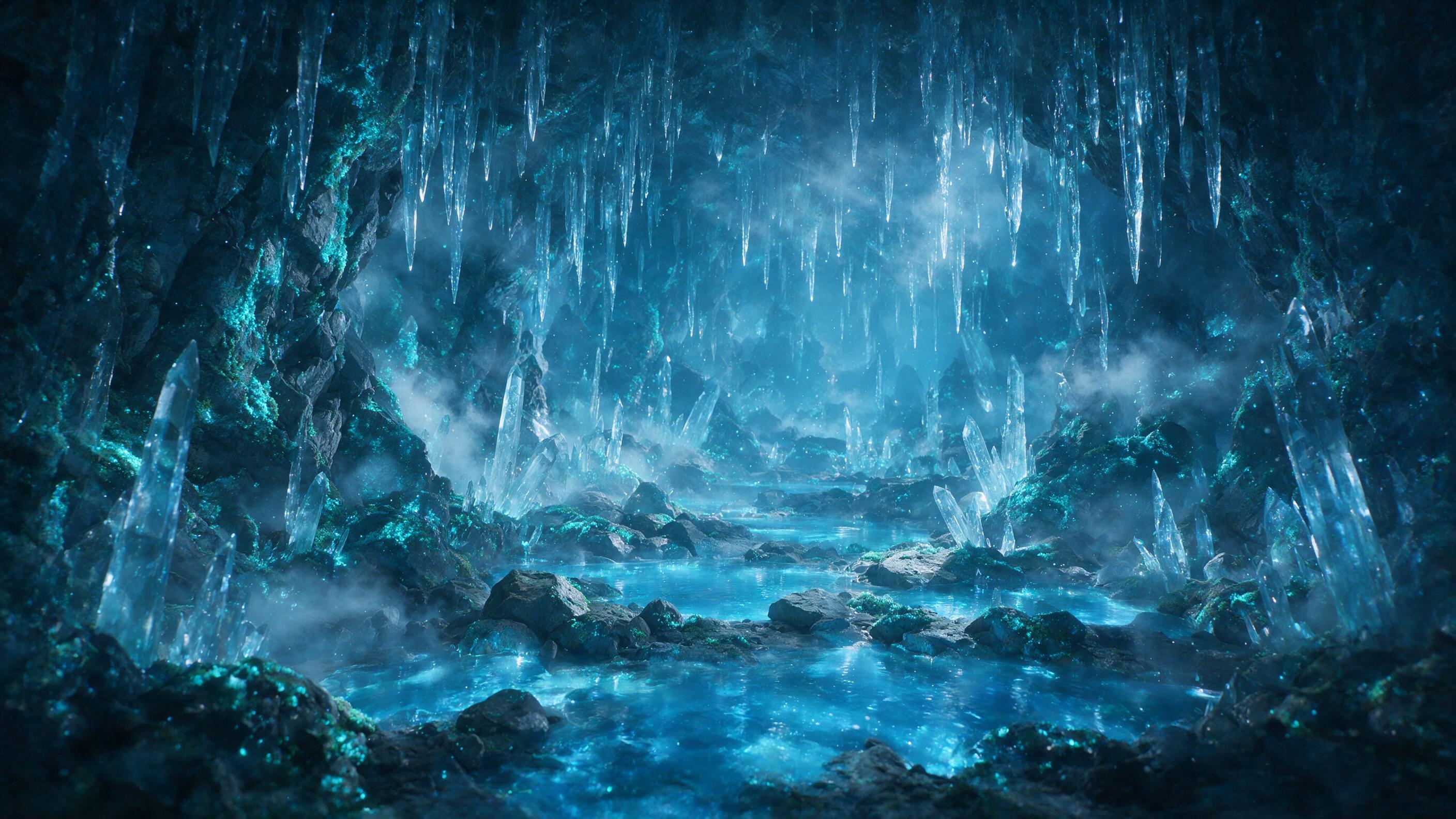 A luminous crystal cave deep underground, bioluminescent moss coating jagged walls, ethereal blue light pools on the ground, mist swirling between stalactites, soft glow from floating dust particles, wide-angle perspective, cinematic lighting