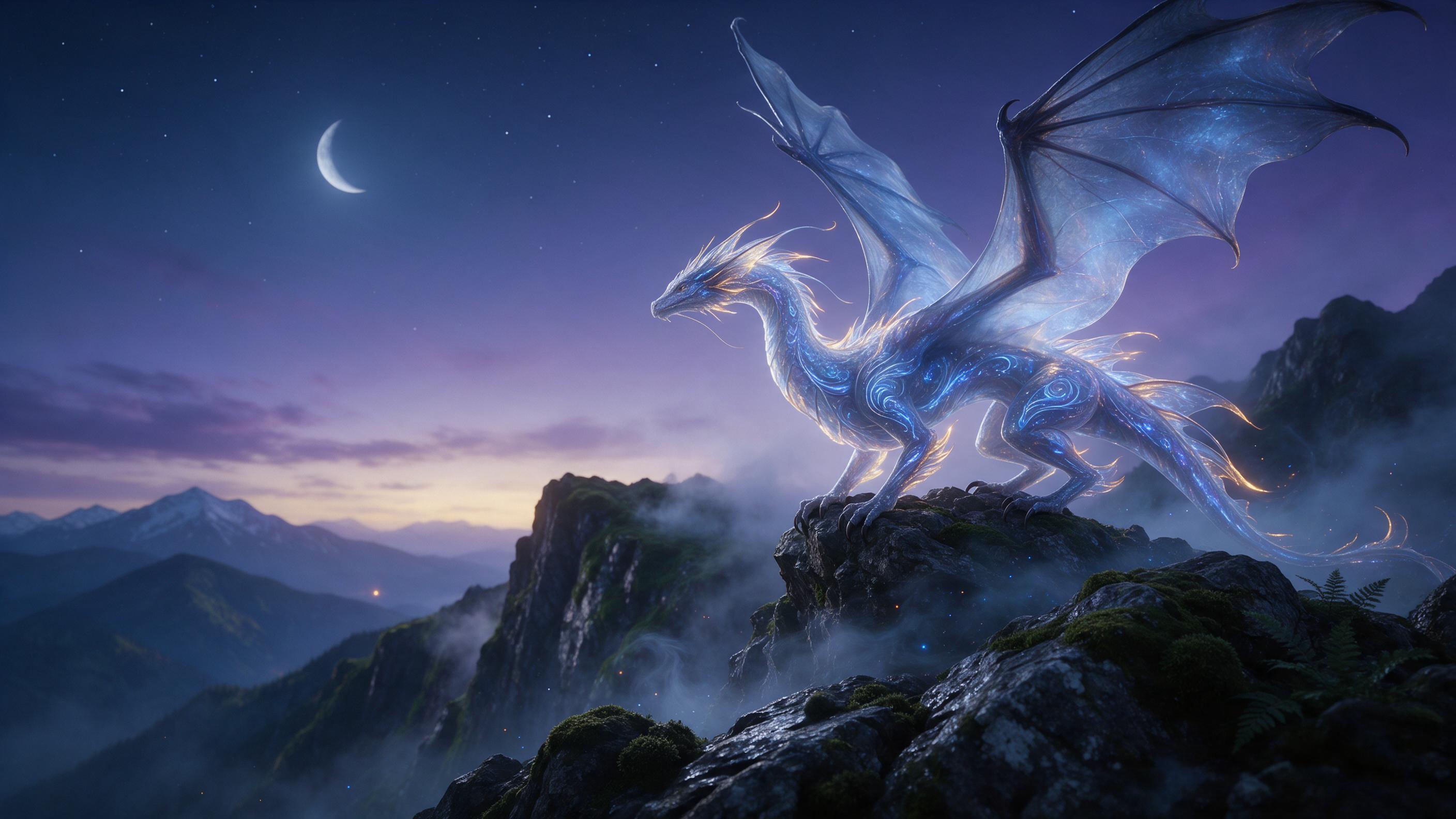A glowing, translucent dragon perched on a mossy cliff at twilight, its wings spread wide, emitting soft bioluminescent patterns. Foreground mist curls around the rocks, while a crescent moon and scattered stars illuminate the sky. Cool blue and violet tones with warm amber accents. Cinematic compos