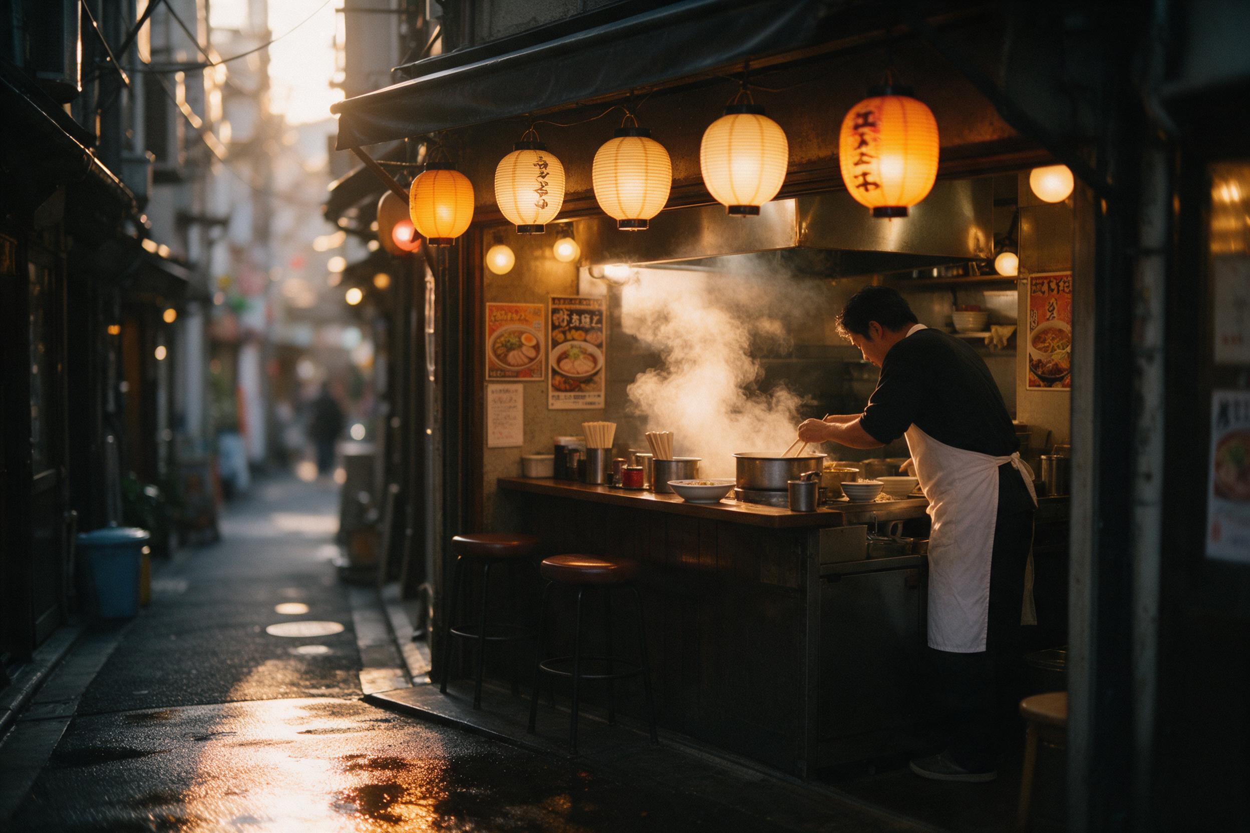 Golden hour in a narrow Tokyo alley, a cozy ramen shop with steam rising from open kitchen, warm lantern light reflecting on wet pavement, chef in white apron at counter, posters on walls, shallow depth of field, natural bokeh, slight grain