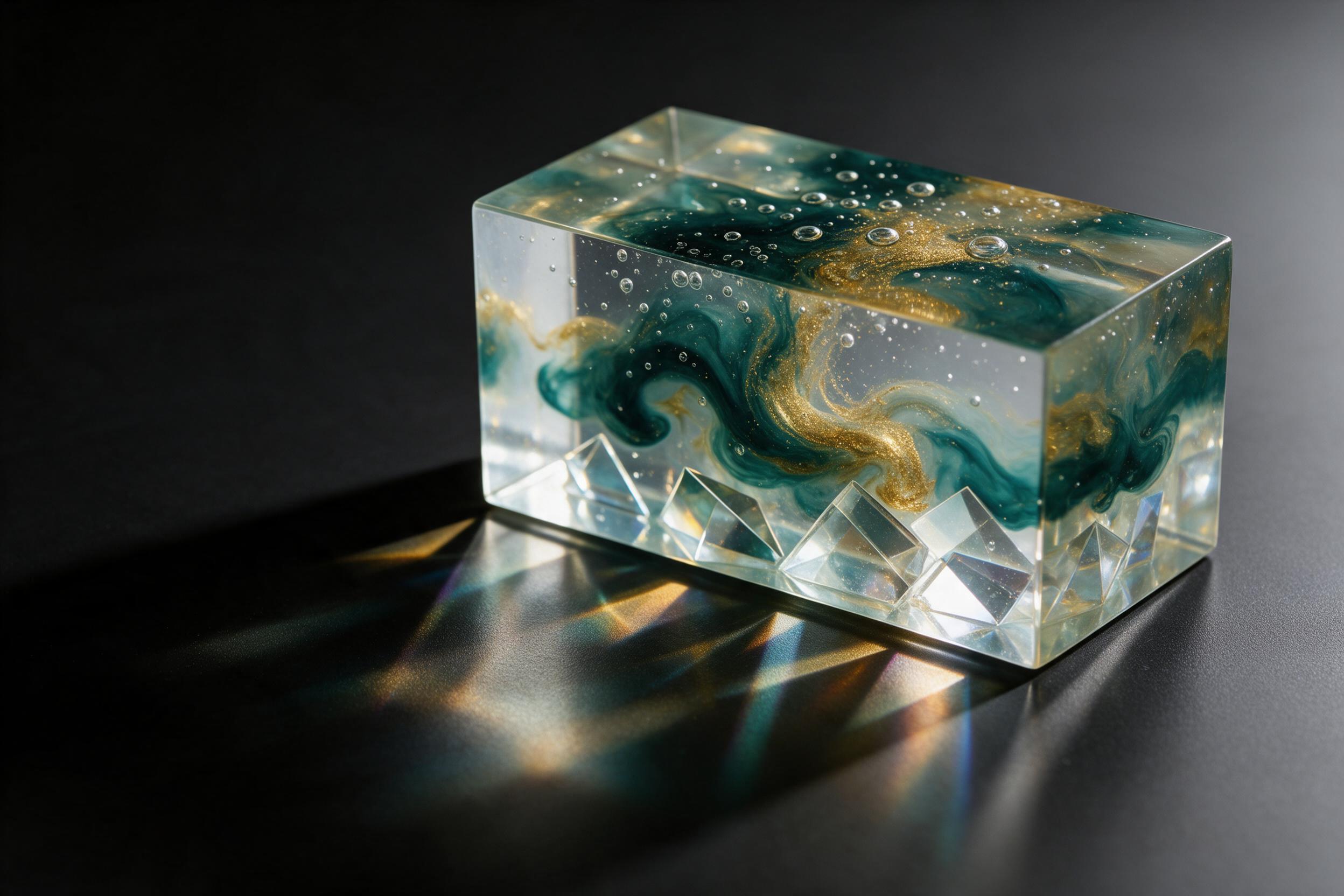Fluid ink swirls of deep teal and gold suspended in clear resin, geometric glass prisms refracting warm side light onto a matte black surface, fine bubbles lodged in translucent layers, minimalist composition with negative space, macro view, soft studio glow
