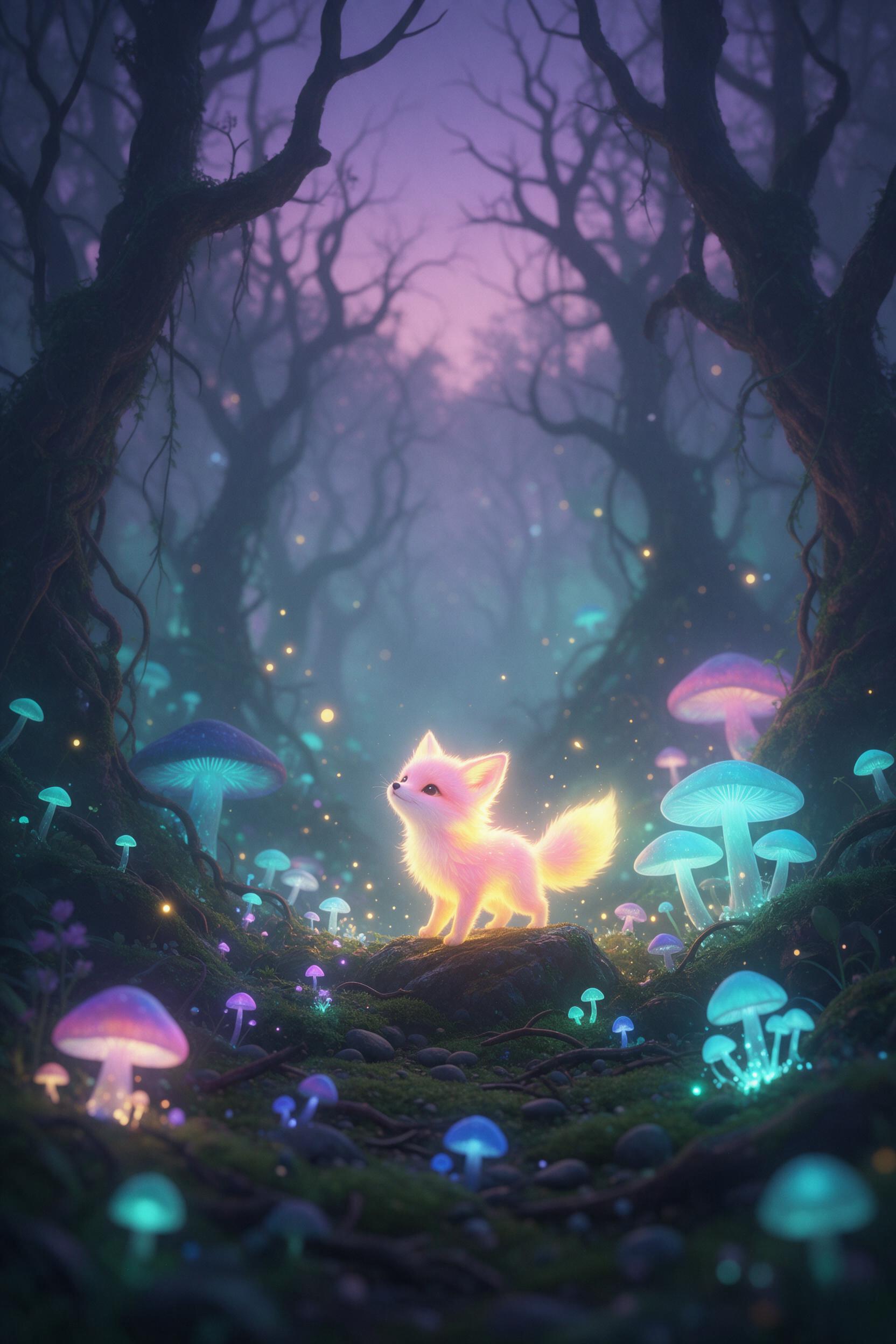 A misty twilight forest with bioluminescent mushrooms and a tiny glowing fox, fireflies drifting between ancient twisted trees, soft teal and violet ambient light, volumetric fog, shallow depth of field, dreamy fantasy illustration style