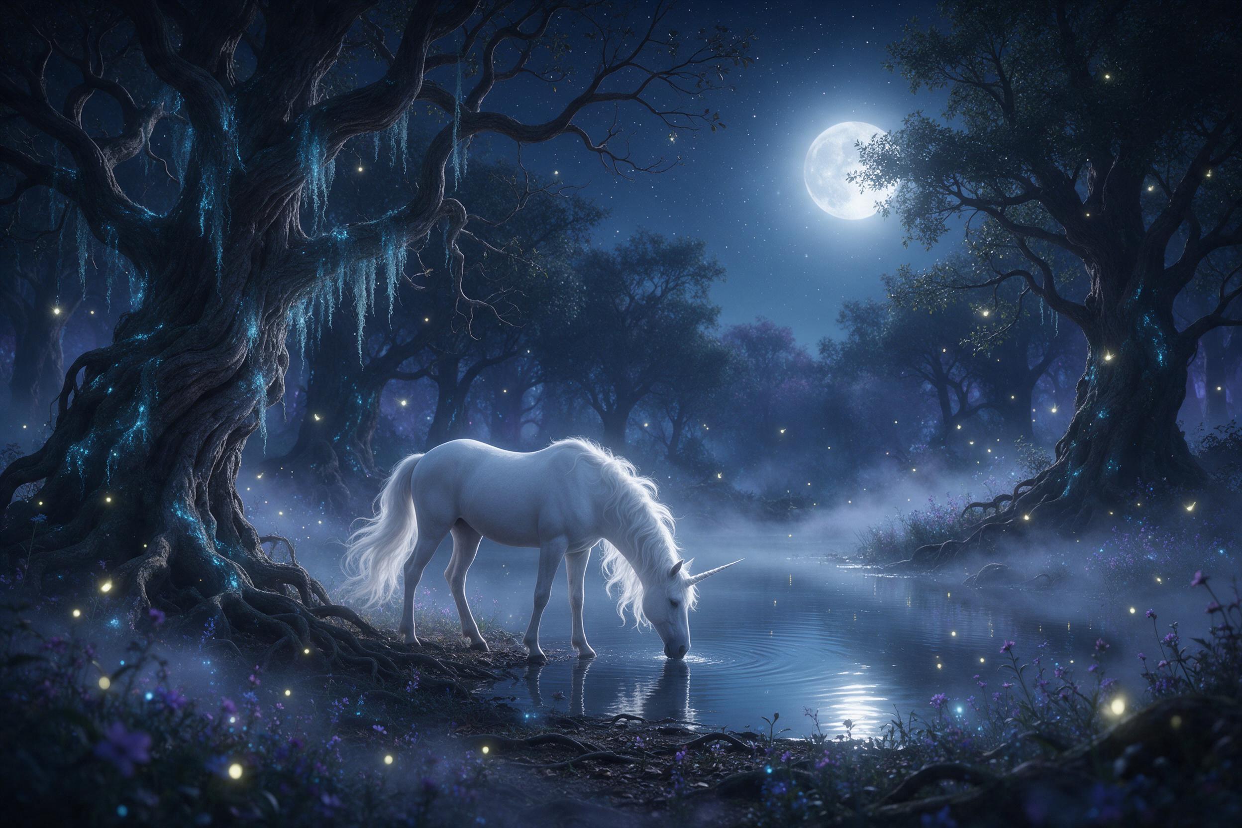 A moonlit enchanted forest glade with ancient, gnarled trees draped in glowing moss, a crystal-clear pond reflecting silver light, a unicorn with flowing white mane drinks from the water, fireflies drift among wildflowers, soft blue and violet palette, ethereal atmosphere, gentle fog curling at grou