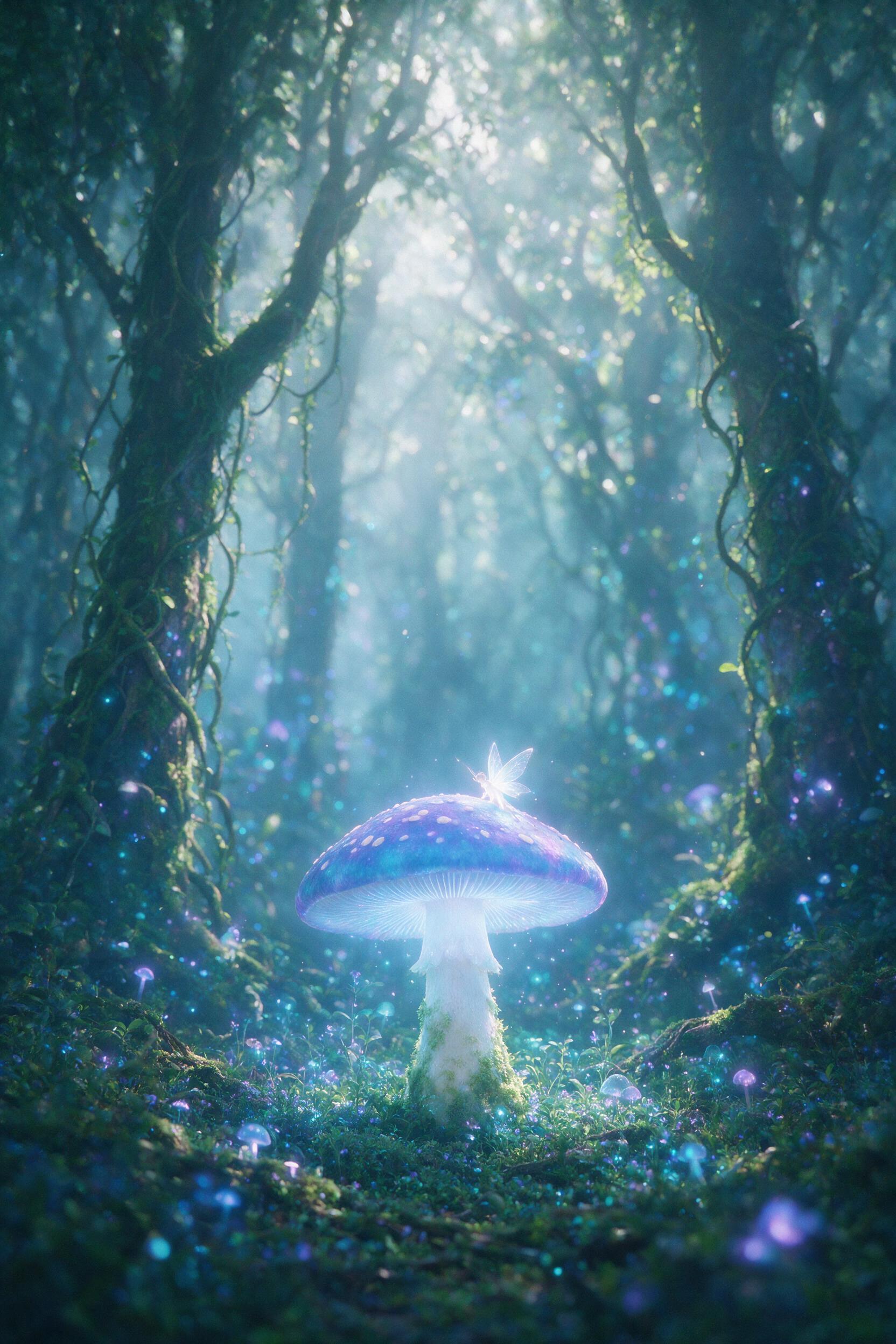 A luminous fairy with translucent wings rests on a giant glowing mushroom in a misty forest, soft blue and purple bioluminescent light, shallow depth of field, gentle fog, natural light filtering through canopy, slight grain