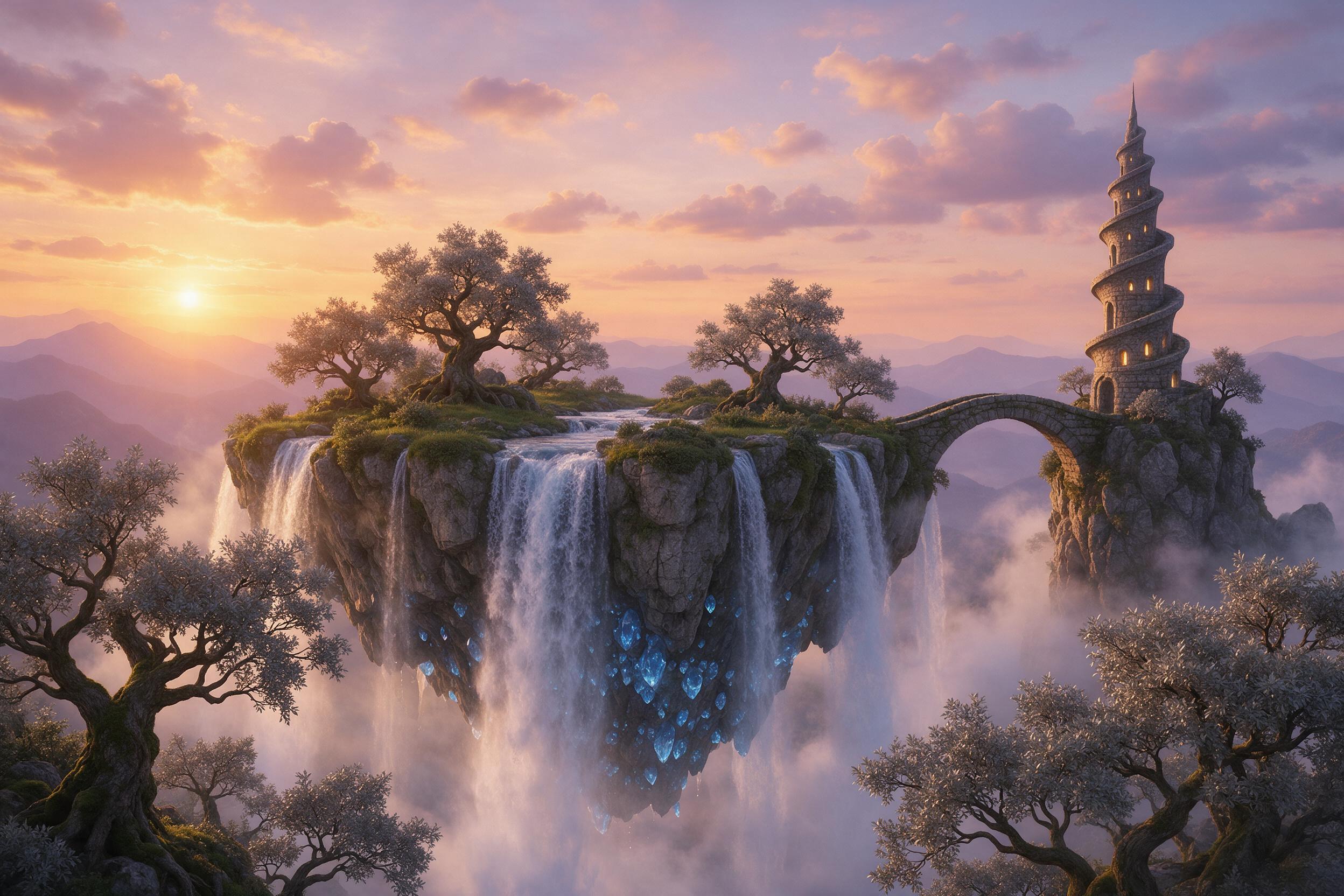 An ancient floating island with cascading waterfalls, glowing blue crystals embedded in its rocky base, moss-draped trees with silver leaves, mist swirling around the edges, a narrow stone bridge connecting to a spiral tower in the distance, soft sunset glow from the west, warm light contrasting wit