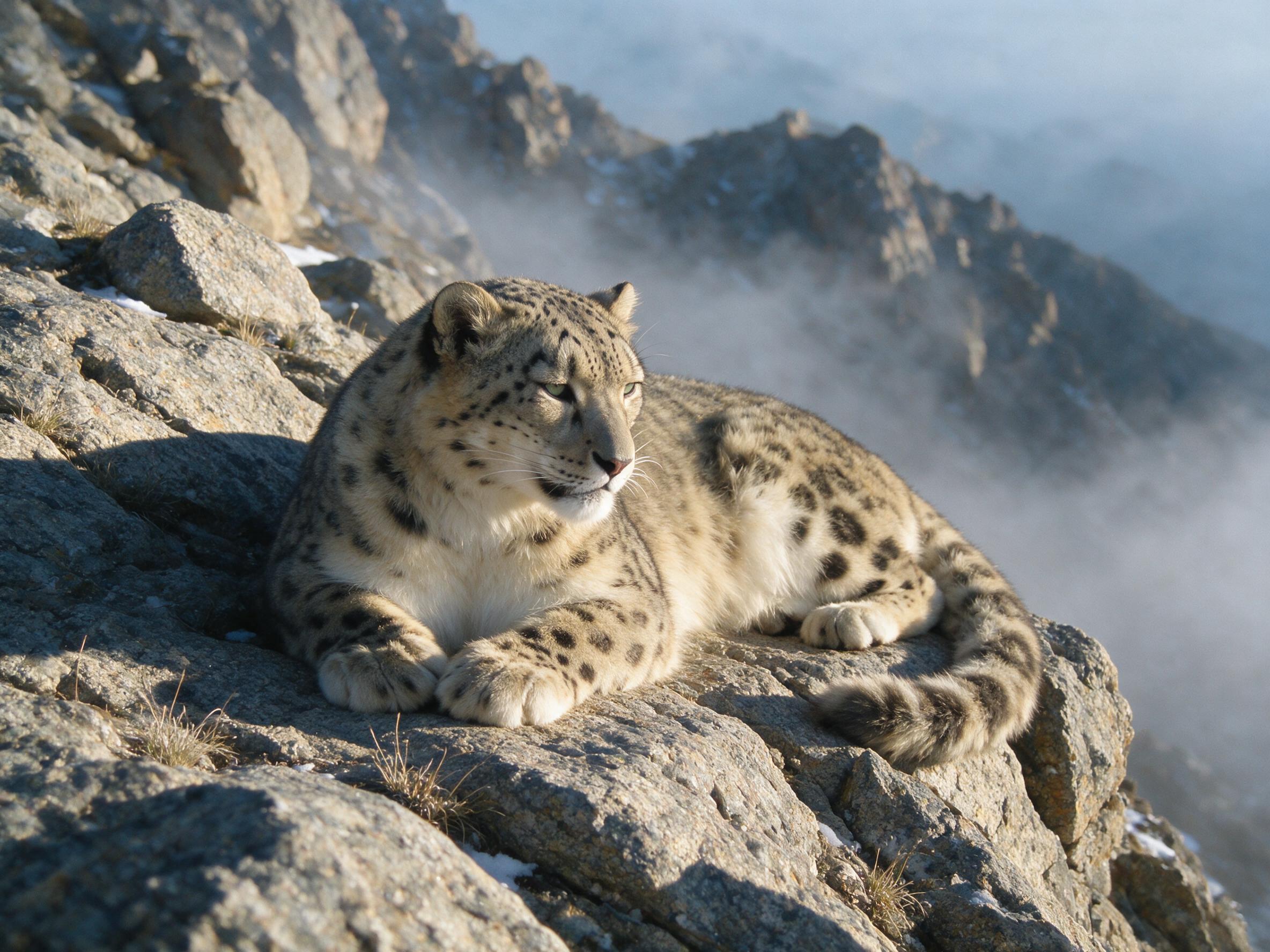 A close-up of a snow leopard lying on a rocky outcrop at dawn, pale golden fur blending with granite, soft mist rising from the valley below, gentle side lighting casting long shadows, natural grain, slight camera shake, shallow depth of field