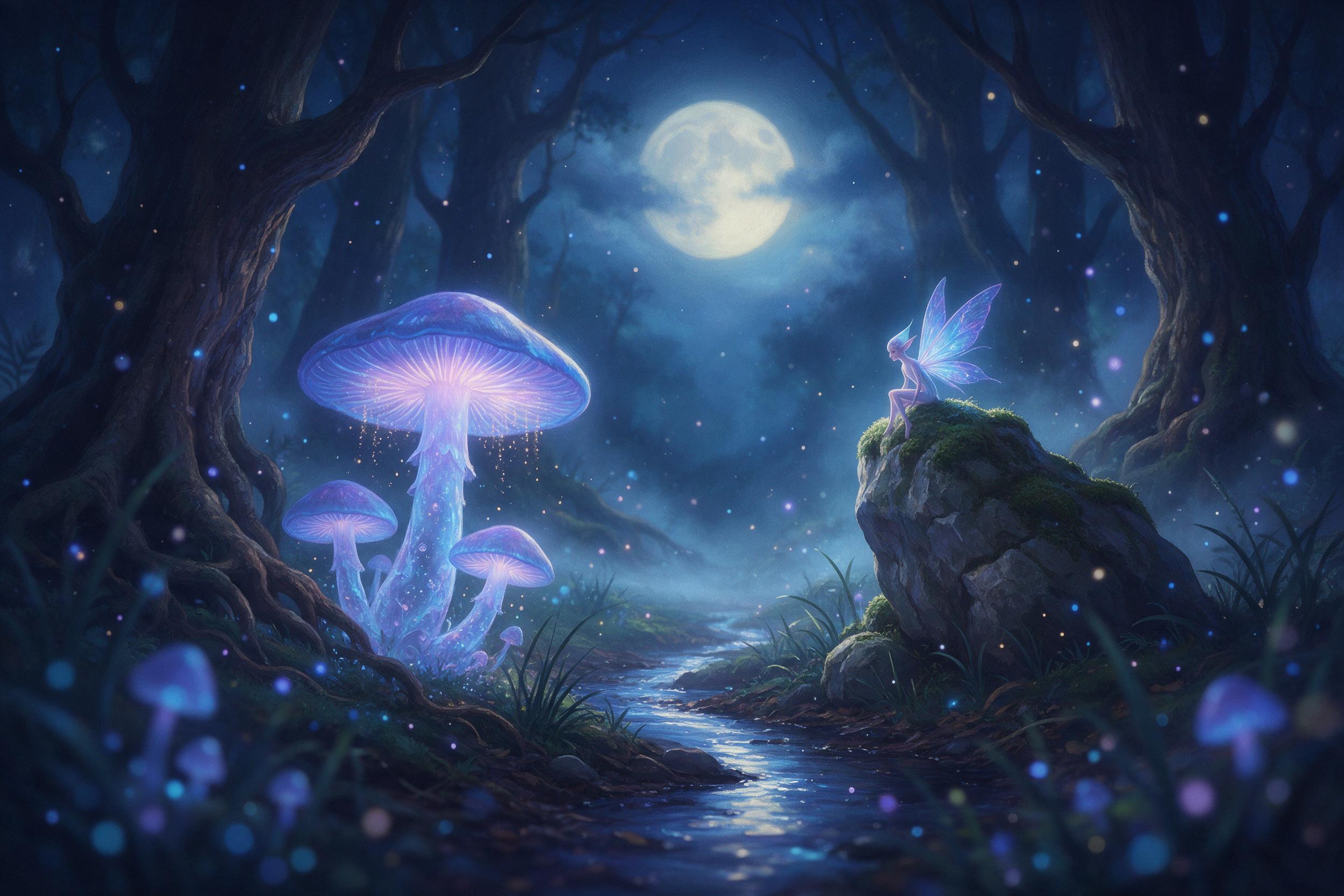 A moonlit forest glade with towering luminescent mushrooms casting soft blue and violet light, a small winged creature perched on a mossy stone, delicate mist weaving between ancient trees, glowing particles drifting in the air, serene magical atmosphere, shallow depth of field, painterly texture, s