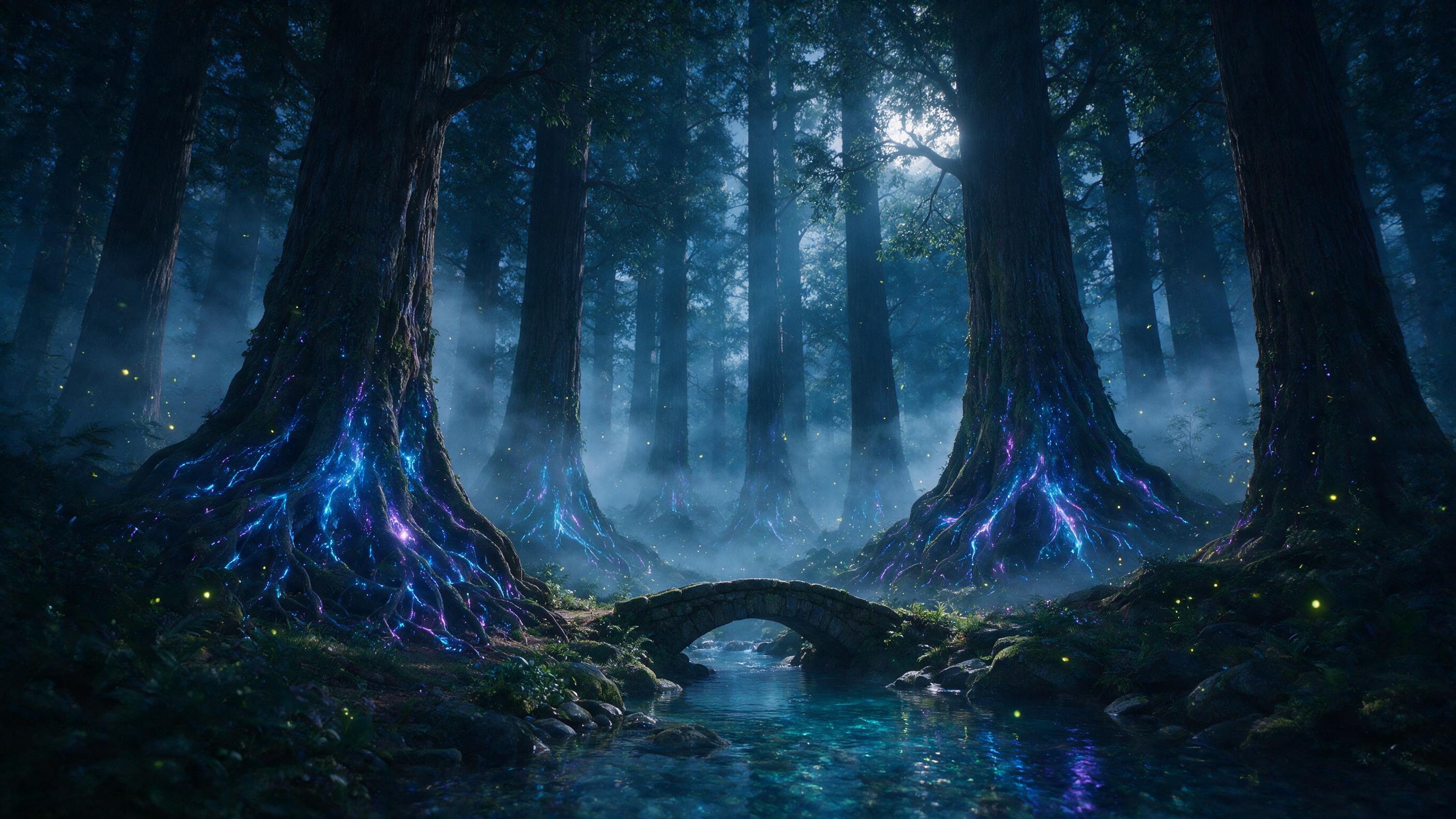 A mystical forest at twilight, towering ancient trees with glowing blue and purple bioluminescent roots, soft mist swirling between the trunks, a small stone bridge over a crystal-clear stream, fireflies illuminating the air, moonlight filtering through the canopy, ethereal atmosphere