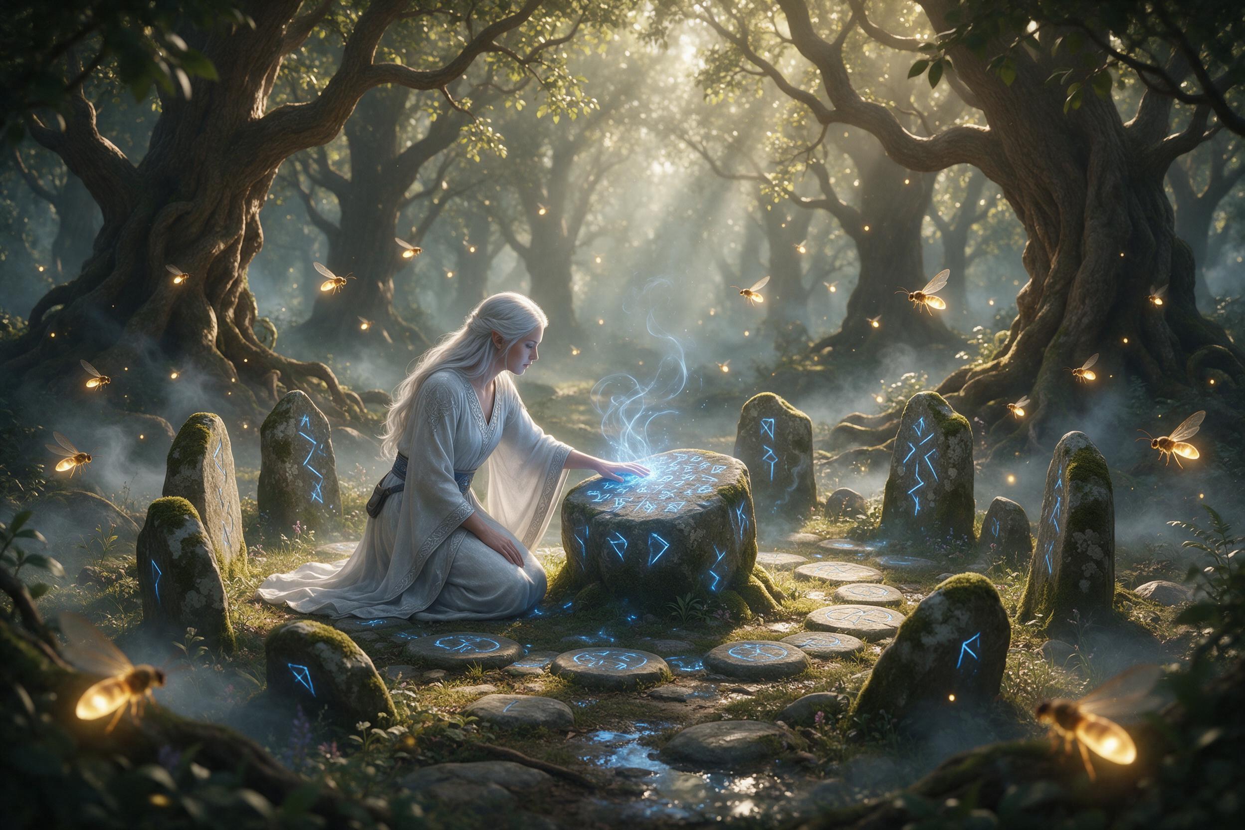A sunlit ancient forest clearing where giant fireflies drift like lanterns, their glow revealing a mossy stone circle etched with glowing runes. A silver-haired elf in a flowing robe kneels, touching the central stone, blue magical light swirling around her fingertips. Mist curls between twisted roo