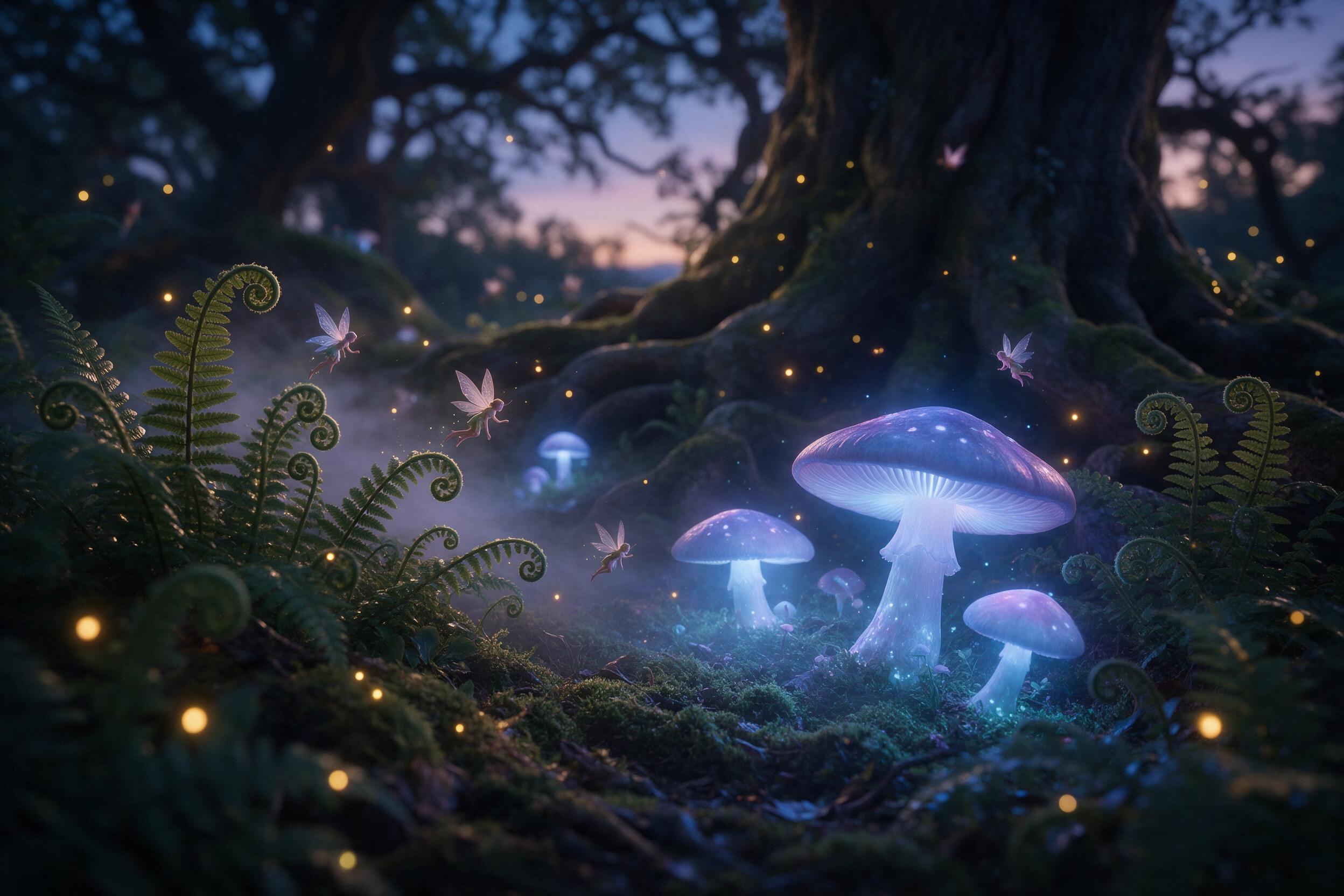 A luminous forest at twilight, giant glowing mushrooms casting soft blue and violet light on mossy ground, tiny winged fae creatures flitting between curling ferns, mist weaving through ancient oak roots, warm amber fireflies contrast against cool shadows, shallow depth of field, cinematic compositi
