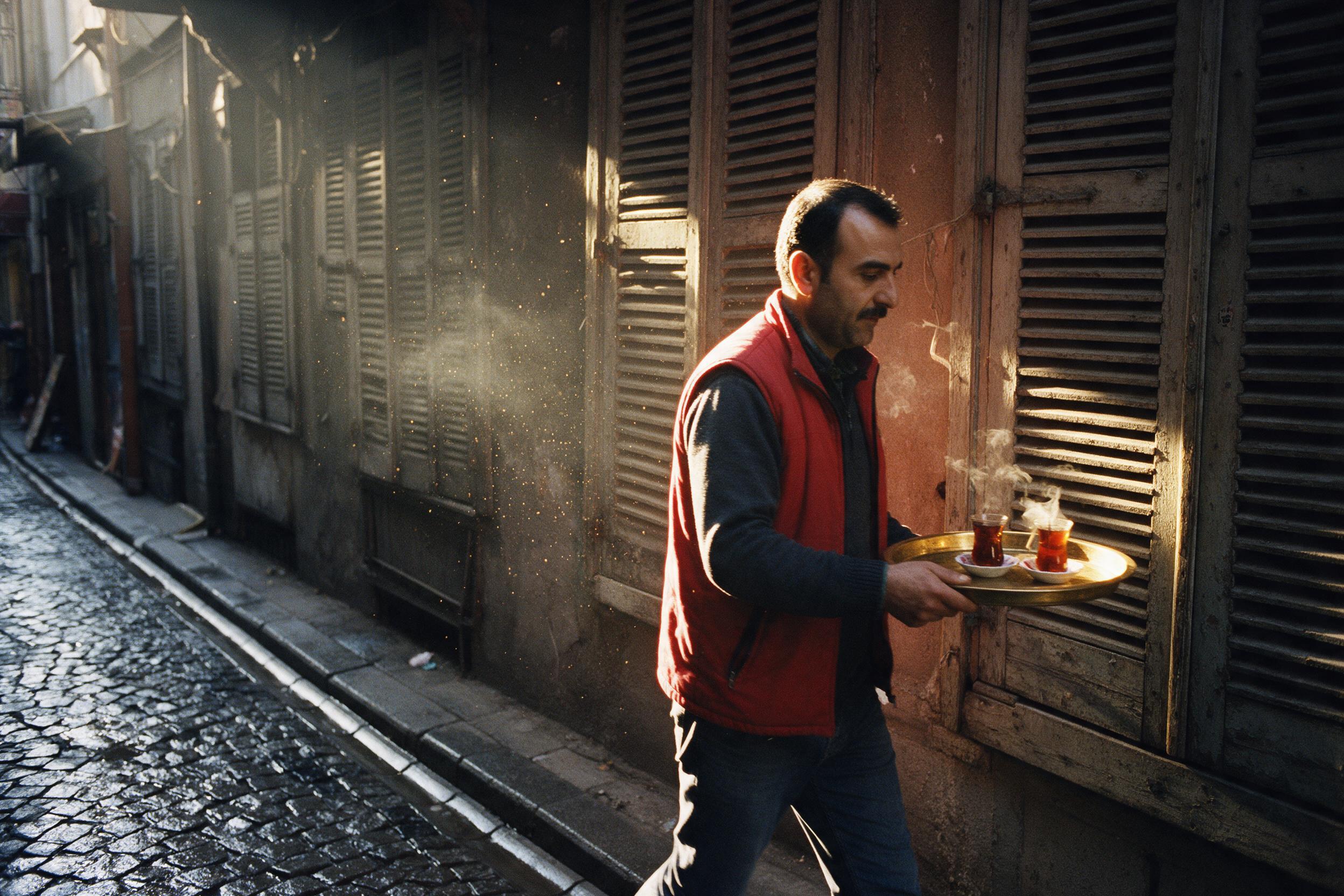 Golden hour spills through a narrow Istanbul alley, warm light catching dust motes. A tea seller in a red vest walks past weathered wooden shutters, his brass tray catching glints. Cobblestones wet from morning rain reflect the fading sun. 35mm film, slight grain, candid street moment.