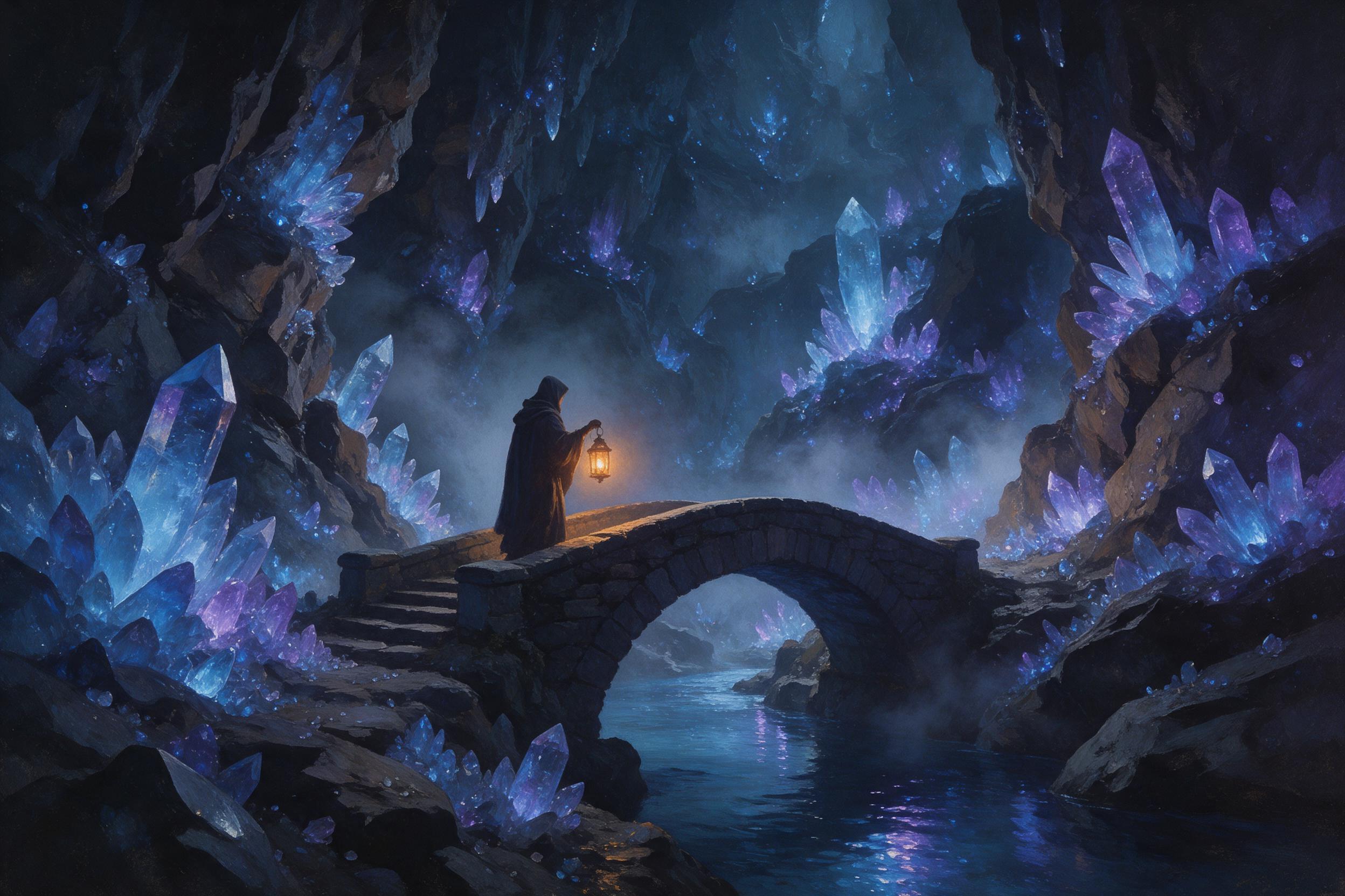 A glowing crystal cavern deep underground, bioluminescent blue and violet crystals jut from jagged rock walls, a small stream reflects the light, mist swirls, a lone hooded figure with a lantern stands on a narrow bridge, dramatic chiaroscuro, ethereal atmosphere, painterly style