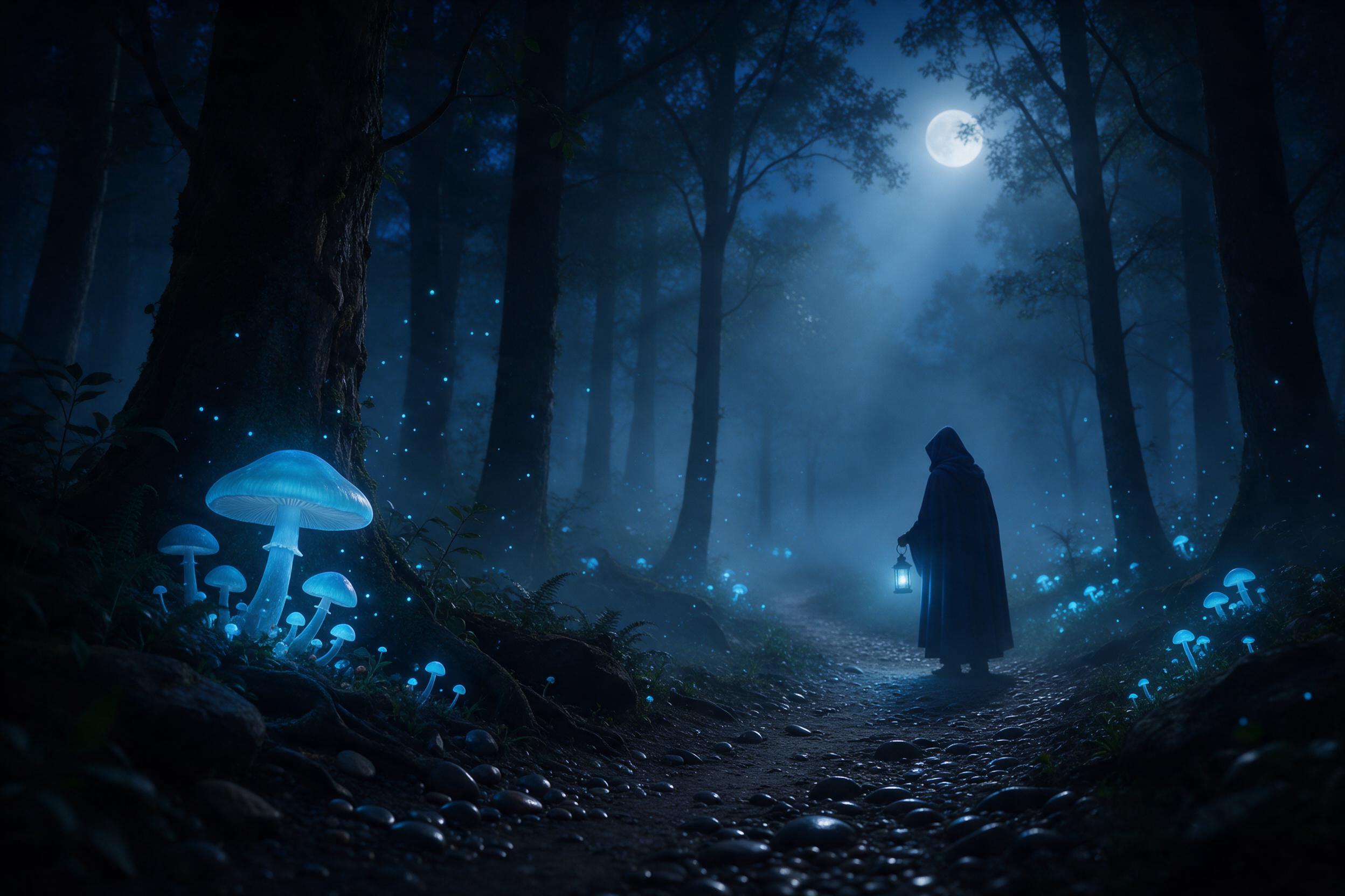 A moonlit misty forest with bioluminescent blue mushrooms and floating spores, a lone hooded figure holding a faint glowing lantern on a winding path, deep shadows, cool tones, ethereal atmosphere, cinematic composition with the figure off-center.