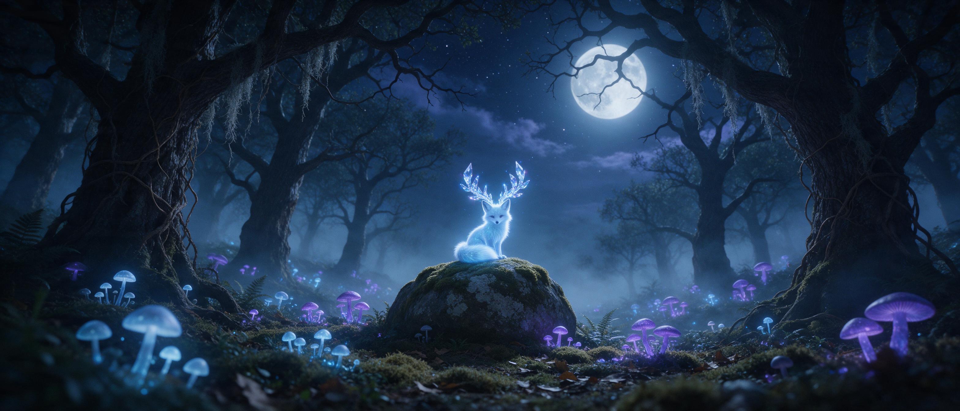 A misty, moonlit forest clearing where bioluminescent mushrooms cast soft blue and purple light, a tiny glowing fox with crystal antlers sits on a mossy stone, pale fog swirling between ancient oak trees, starry sky visible through the canopy, ethereal atmosphere, cinematic wide shot, subtle film gr