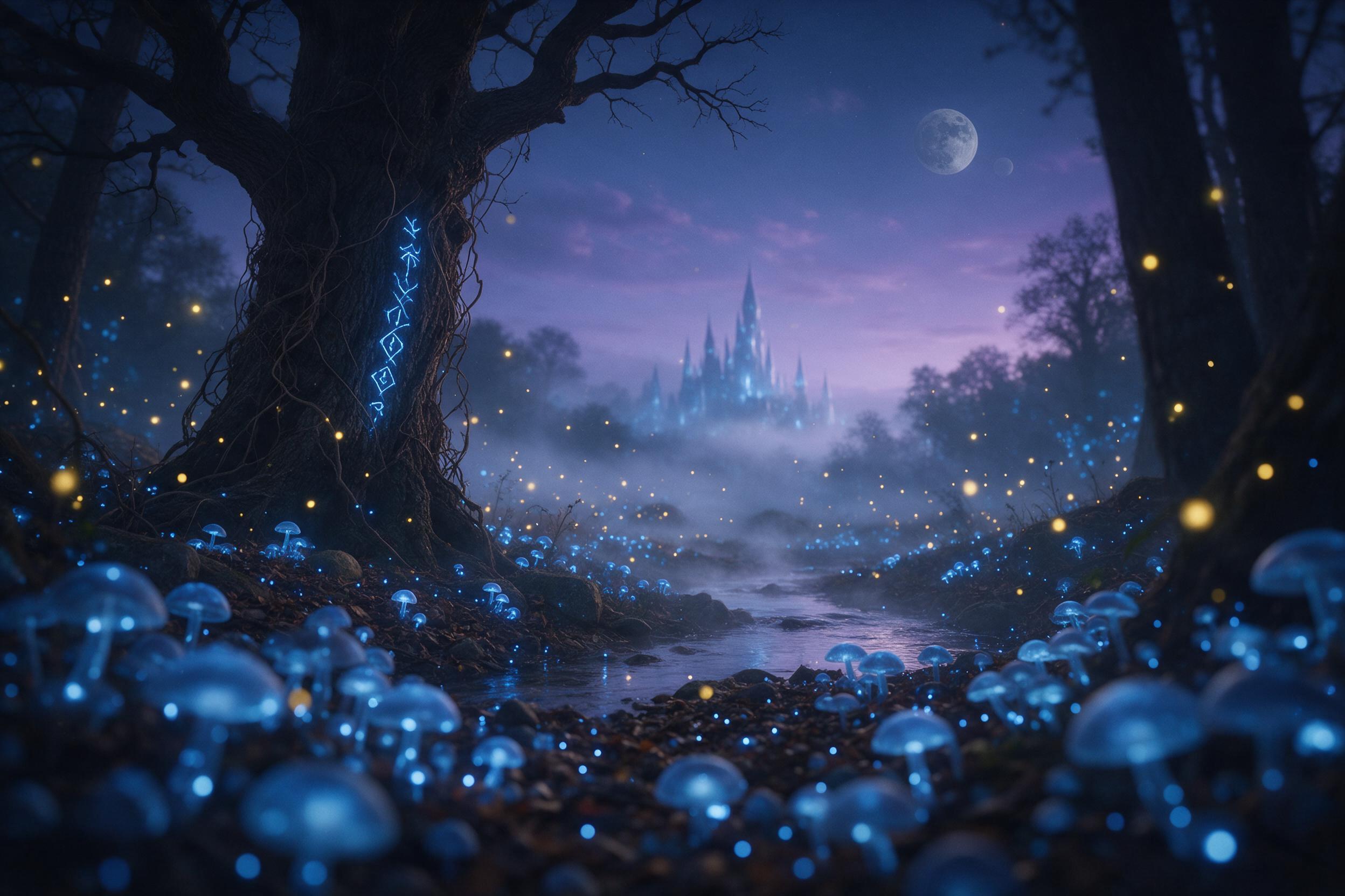 An ancient forest clearing where bioluminescent fungi pulse with soft blue light, a misty river winding through, towering twisted oaks with glowing runes carved into bark, distant ethereal castle silhouette, twilight sky with two moons, fireflies dancing, shallow depth of field, cinematic moody atmo