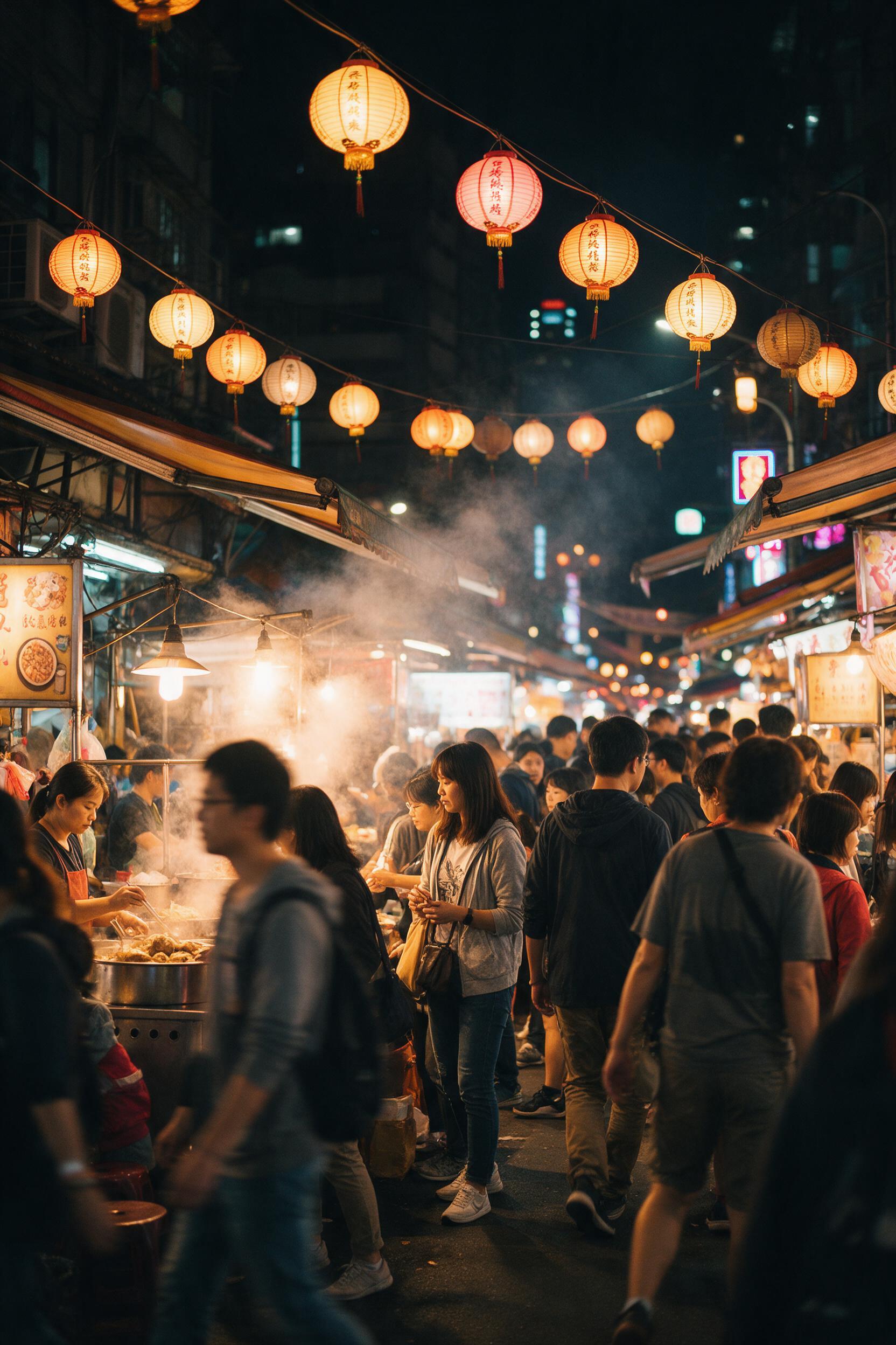 A bustling night market in Taipei, glowing lanterns and steam rising from food stalls, people in casual clothes browsing, shallow depth of field, warm tungsten lighting with neon accents, slight motion blur capturing lively atmosphere