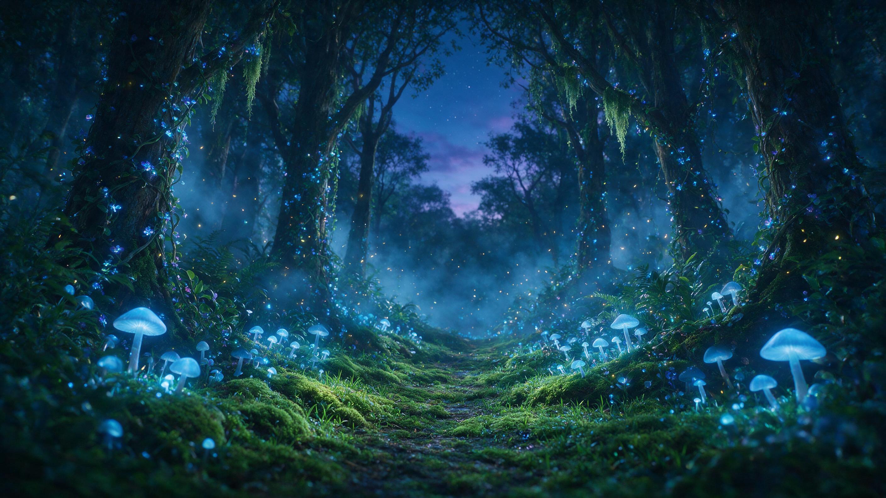 A luminous forest at twilight, glowing mushrooms and vines casting soft blue light on a mossy path, mist swirling between ancient trees, fireflies dancing in the air, ethereal and dreamy atmosphere, soft focus, cinematic lighting.