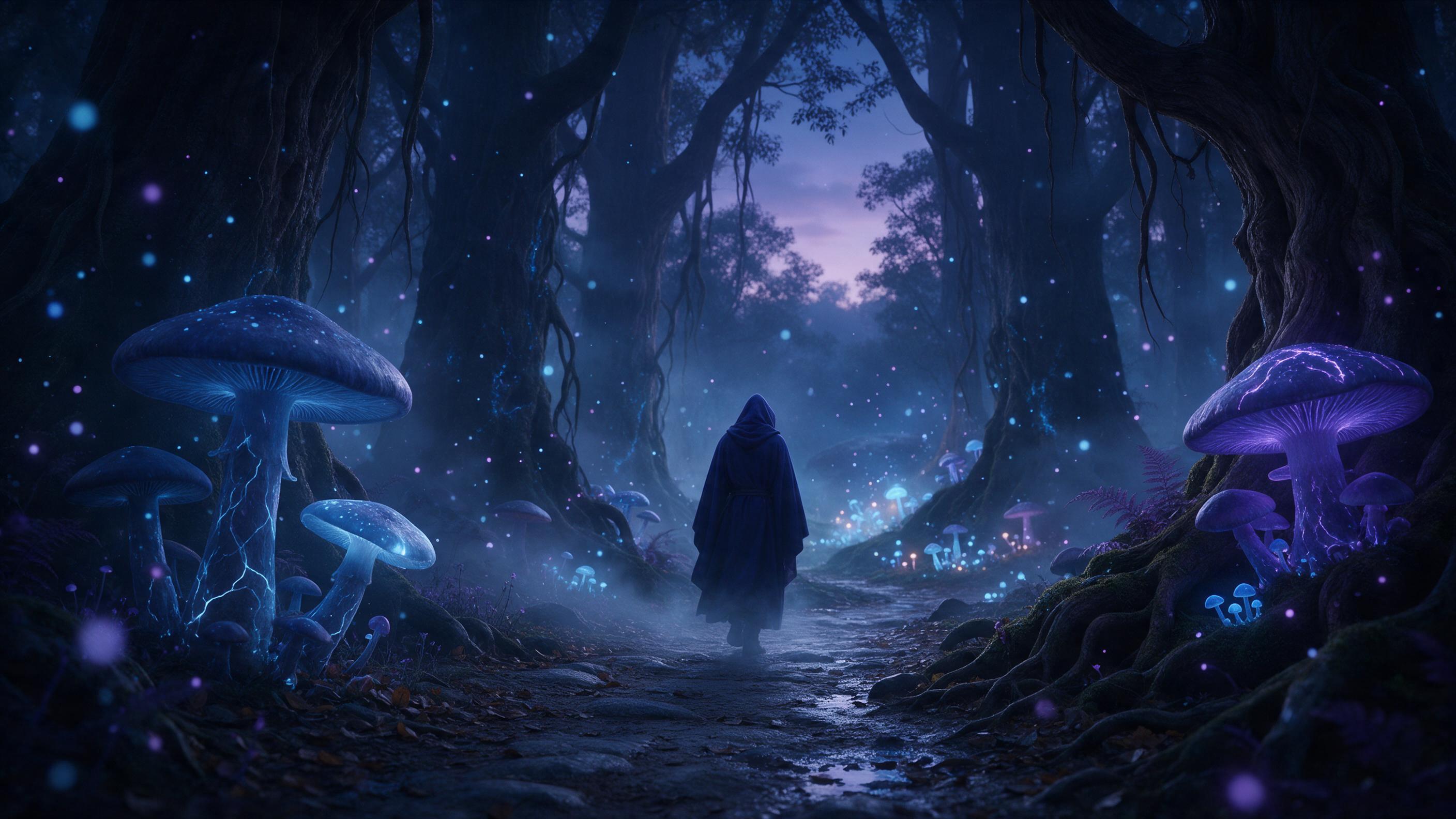 A bioluminescent forest at dusk, where giant glowing mushrooms illuminate a winding path, mist weaving between ancient trees, a lone figure in a hooded cloak walks away, soft blue and violet hues, ethereal atmosphere, glowing spores floating in the air, cinematic lighting.