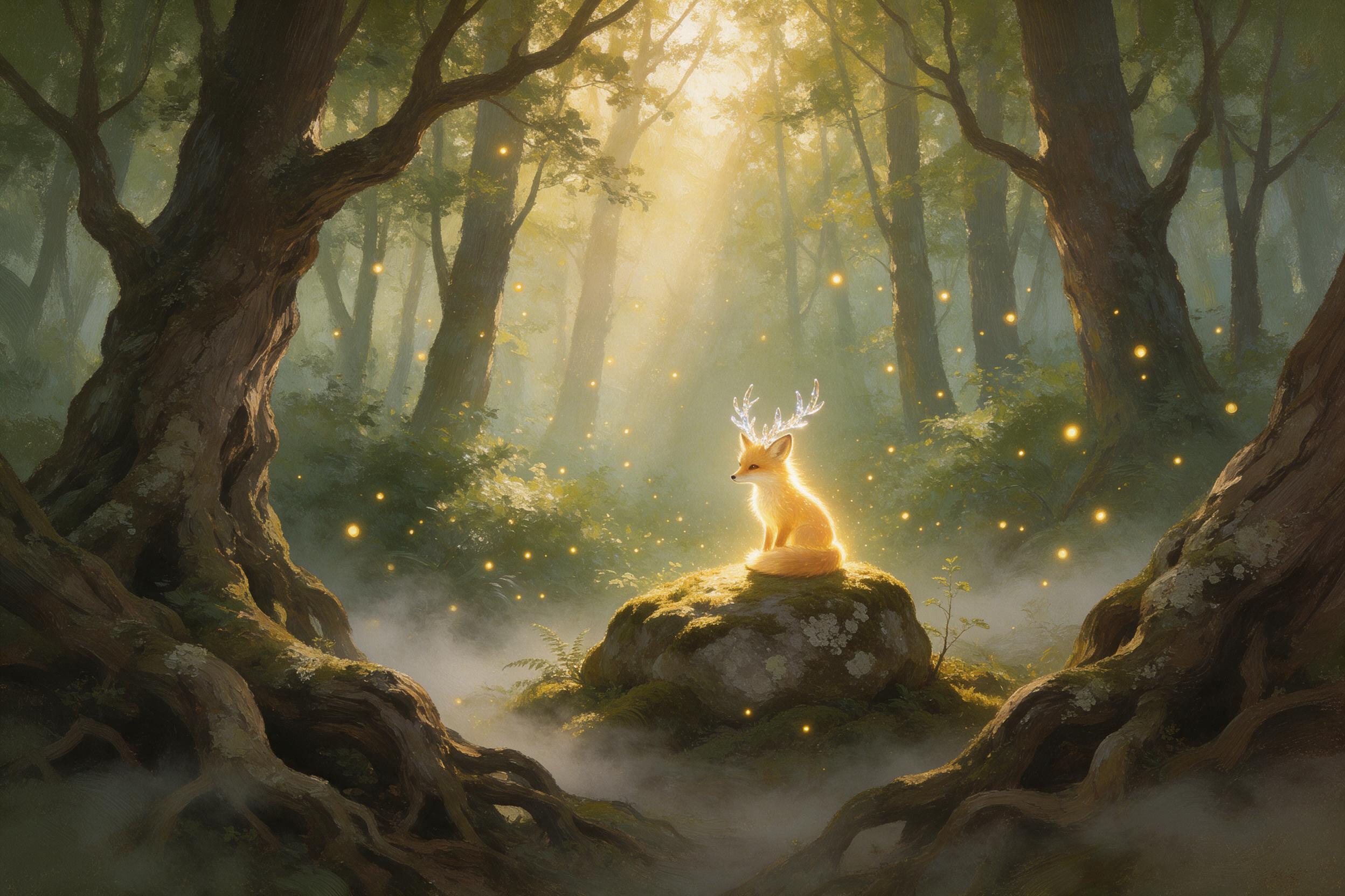 A sunlit ancient forest clearing, mist weaving between gnarled oak roots, a tiny glowing fox with crystal antlers sits on a mossy stone, fireflies drifting in golden light shafts, soft depth of field, painterly style with visible brushstrokes, muted greens and amber tones