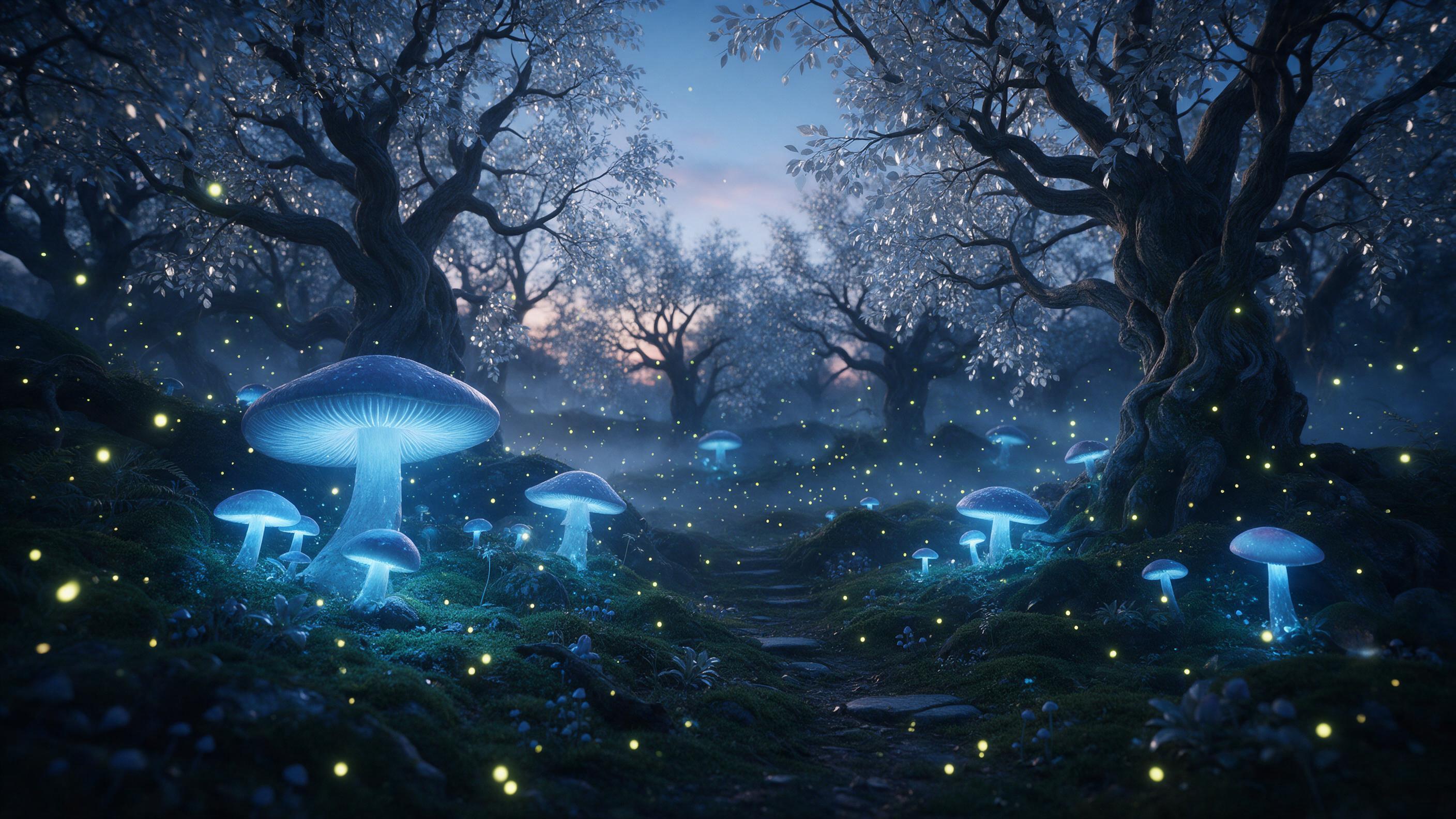 A bioluminescent forest at dusk, giant glowing mushrooms casting soft blue light on mossy ground, ancient twisted trees with silver leaves, fireflies swirling in the air, a small stone path winding through, mist, dreamy atmosphere, wide-angle composition, ethereal glow.