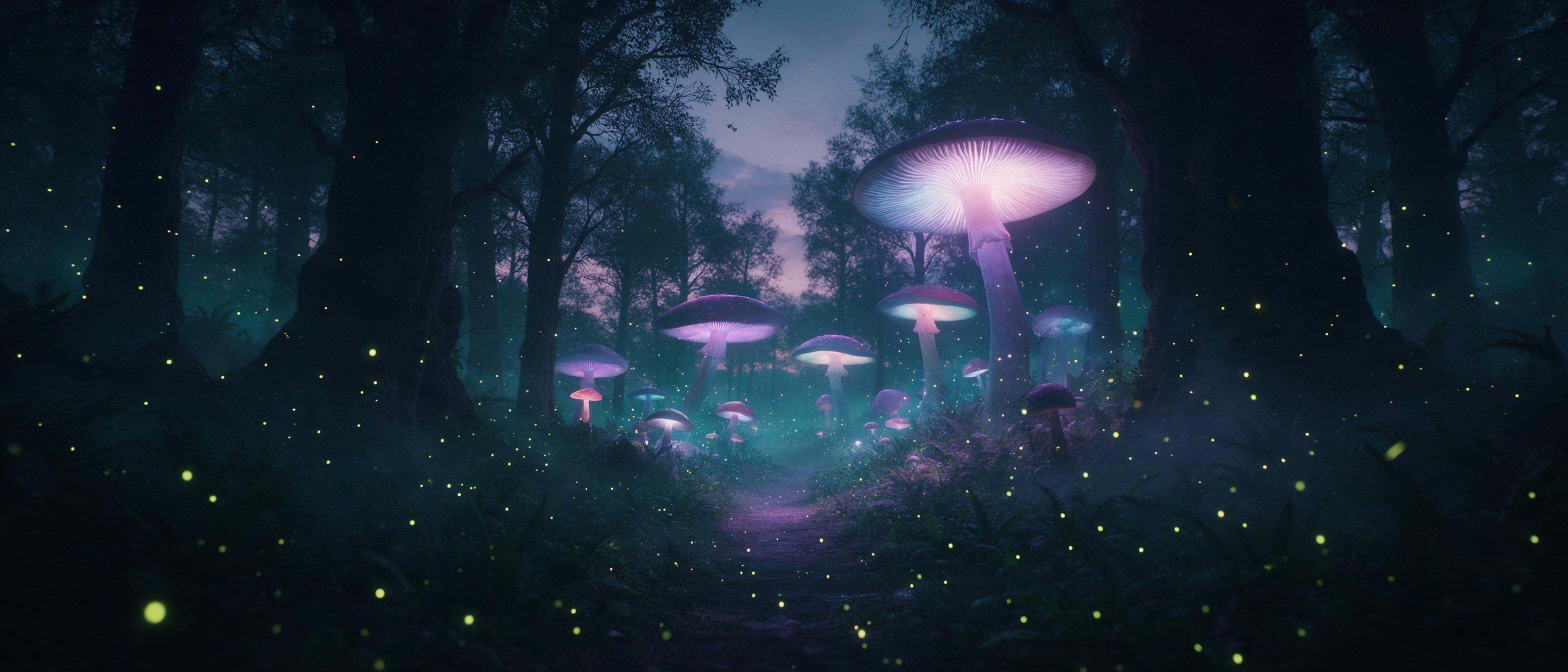 A twilight forest where giant glowing mushrooms cast soft bioluminescent light onto a winding path, fireflies drifting like embers, silhouetted ancient trees, mist weaving through ferns, deep teal and violet palette, cinematic wide-angle composition, ethereal atmosphere, no people.