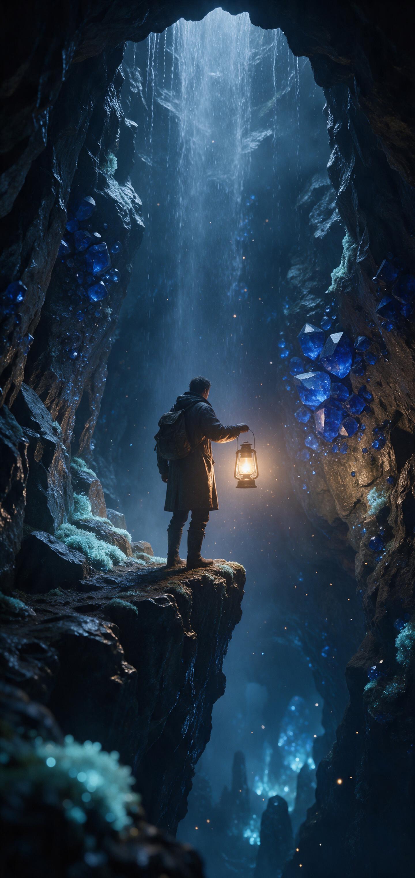 A hidden crystal cave beneath a misty waterfall, glowing sapphire crystals embedded in wet rock walls, soft bioluminescent moss, a lone figure with a lantern standing on a narrow ledge, warm light contrasting cool blue tones, water droplets in air catching light, vertical composition, shallow depth 