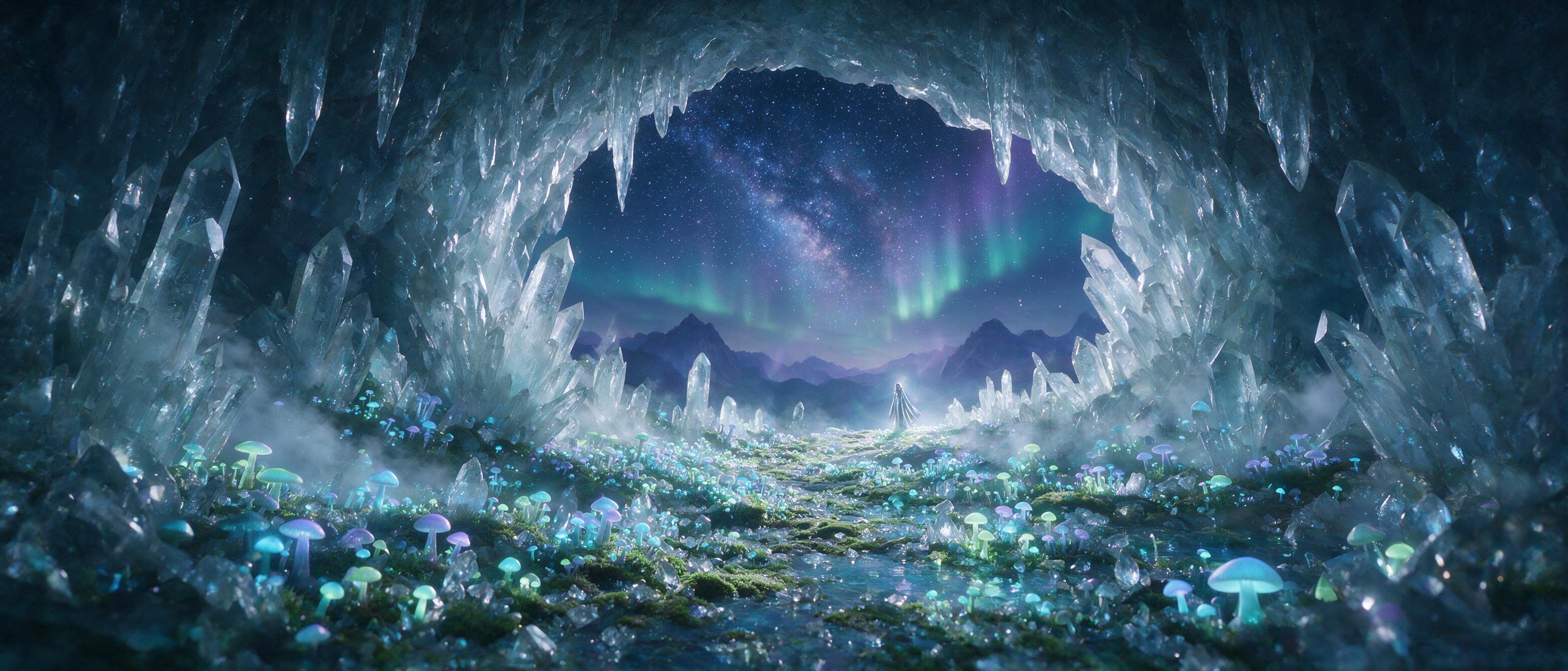 A luminous crystal cave beneath a starry night sky, glowing mushrooms carpet the ground, soft bioluminescent light reflecting off jagged quartz walls, a single ethereal figure in a flowing silver cloak stands at the cave entrance, cinematic composition, moody atmosphere, slight lens flare, mist swir