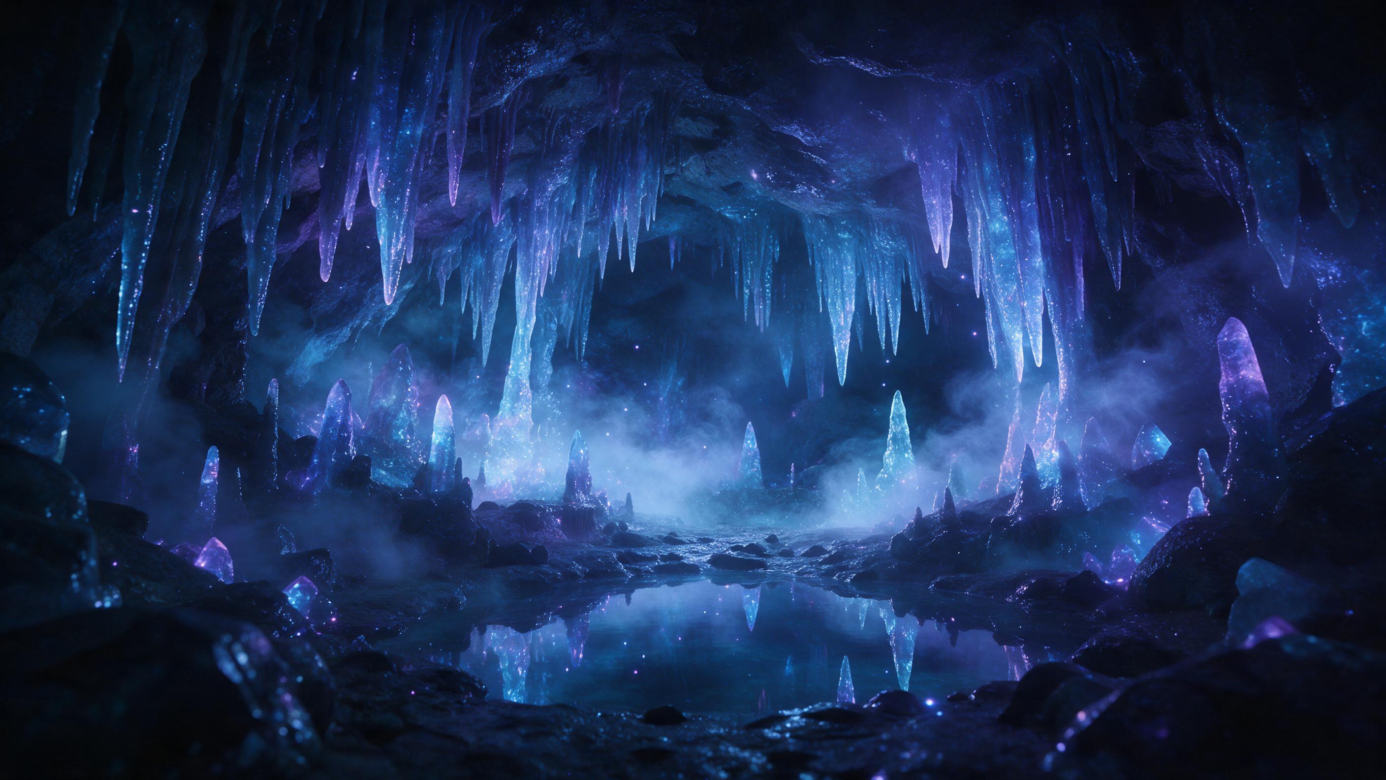 A mystical glowing crystal cave deep underground, bioluminescent blue and purple light reflecting off wet stalactites, a small serene pool of water mirroring the ceiling, wisps of magical mist curling around, silent and otherworldly, shot with a wide-angle lens, soft ambient glow from the crystals, 