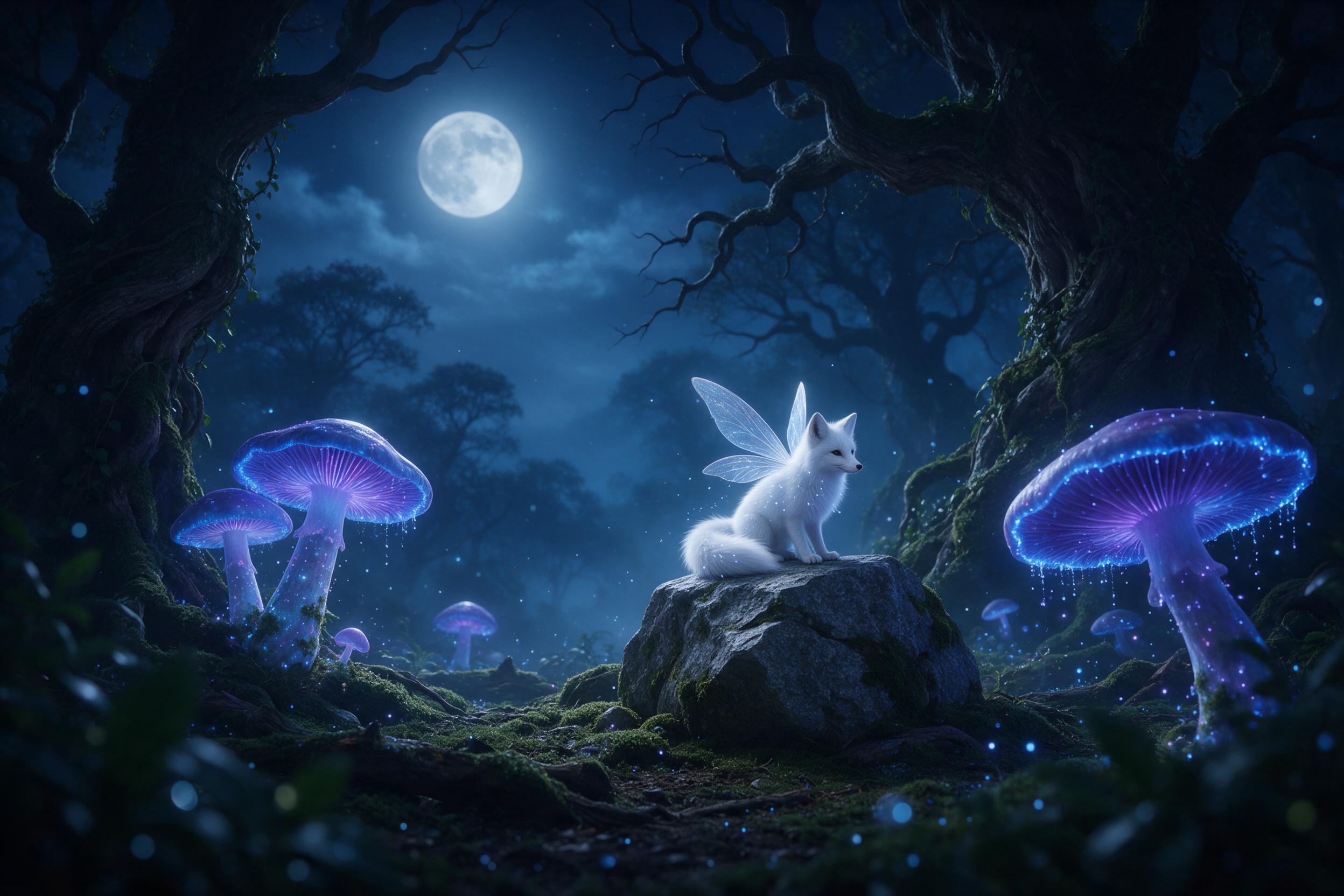 A moonlit enchanted forest clearing filled with giant glowing mushrooms in shades of blue and violet, their caps dripping luminescent spores. A small, ethereal fox with translucent wings perches on a mossy stone, its fur shimmering with soft silver light. Ancient twisted trees frame the scene, their