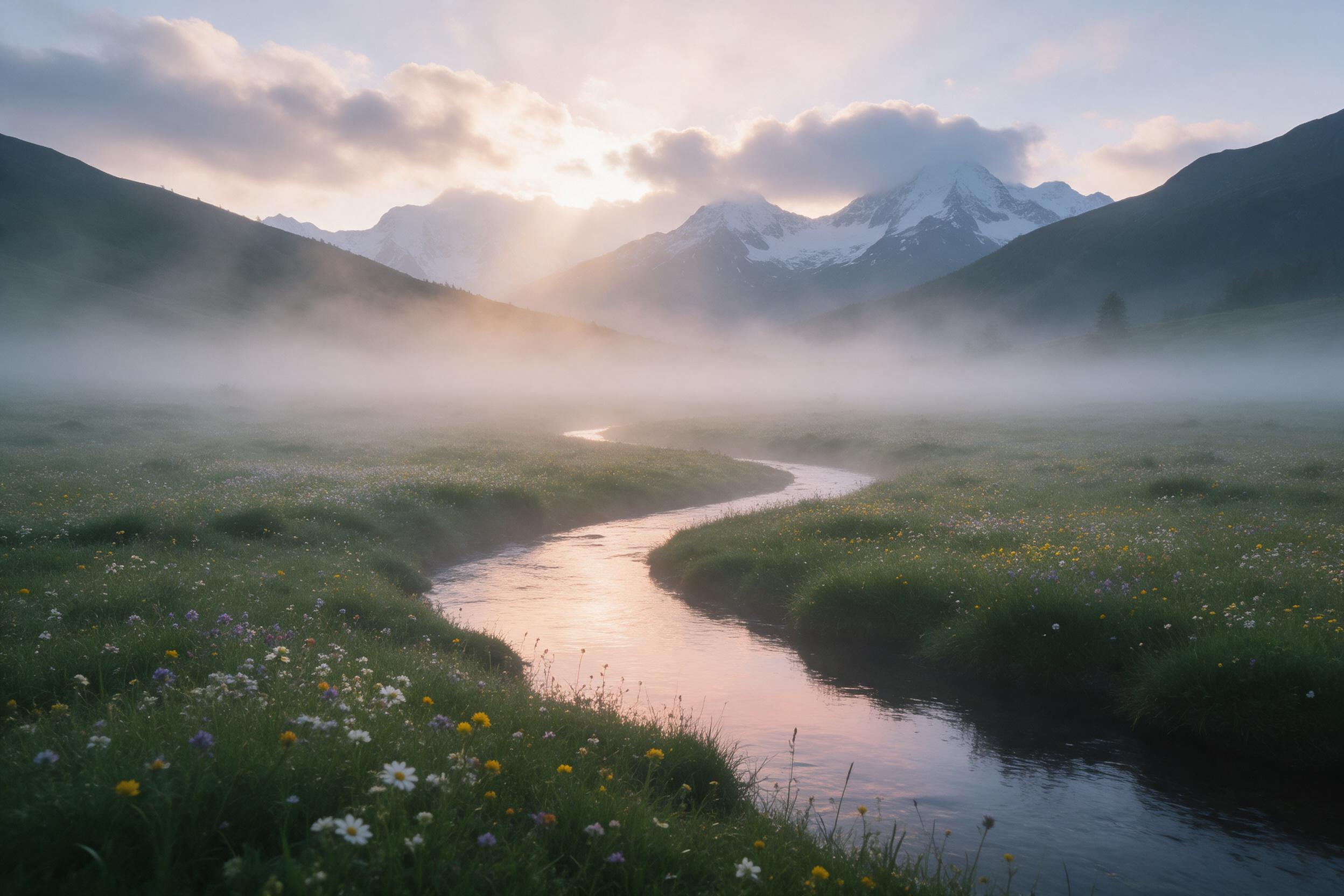 Misty alpine meadow at dawn, wildflowers speckling the green, a winding stream reflecting soft peach and gold light, distant snow-capped peaks, gentle fog rolling, sun rays breaking through clouds, peaceful and serene, natural color palette, wide-angle composition emphasizing depth