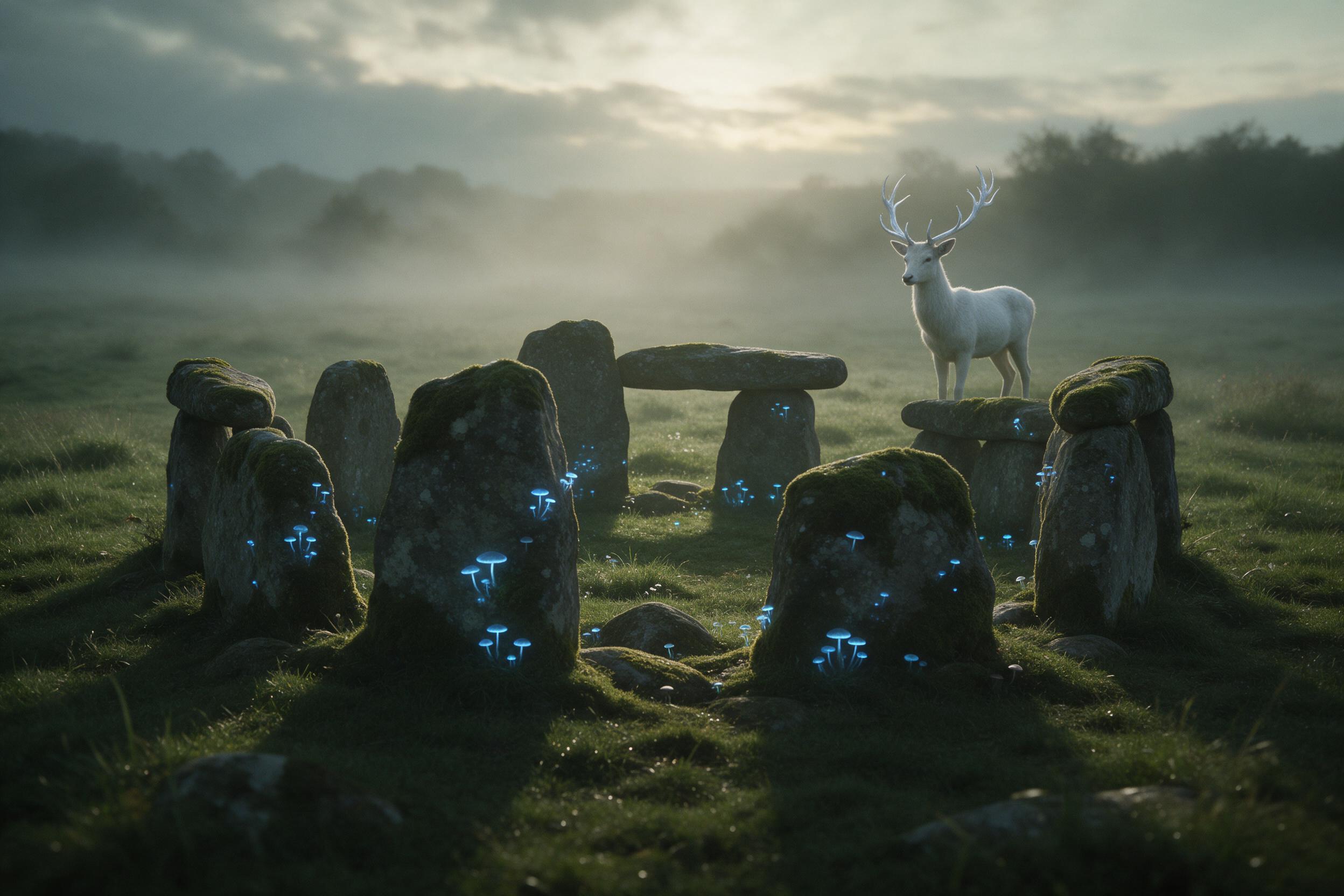 An ancient, moss-covered stone circle stands in a misty meadow at twilight, with bioluminescent blue fungi glowing on the stones and a lone white stag with silver antlers watching from the edge, soft volumetric light filtering through low clouds, medium shot with wide-angle composition, muted green 