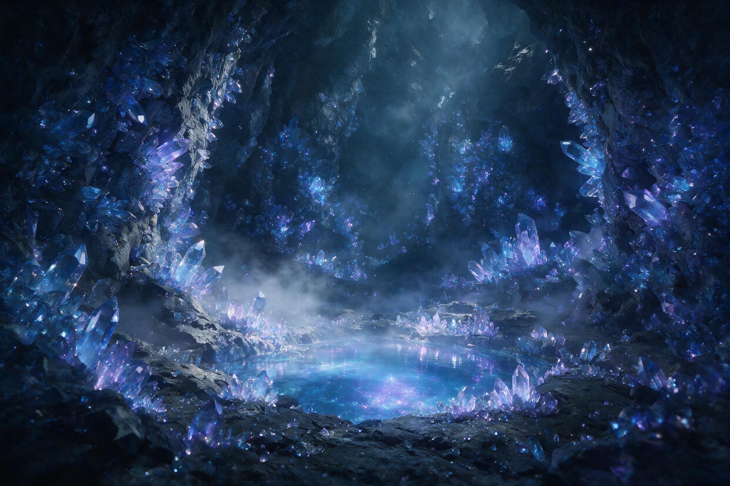 A luminous crystal cave deep underground, with glowing blue and purple crystals protruding from rocky walls, a small pool of bioluminescent water reflecting the light, soft mist drifting through the cavern, ethereal atmosphere, cinematic lighting with subtle shafts of light from above