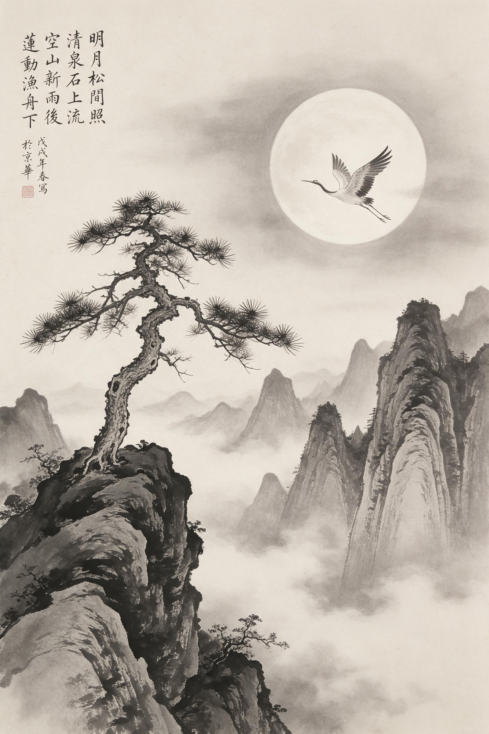 Traditional ink wash painting style, misty mountains with solitary pine, crane flying across the moon, monochrome