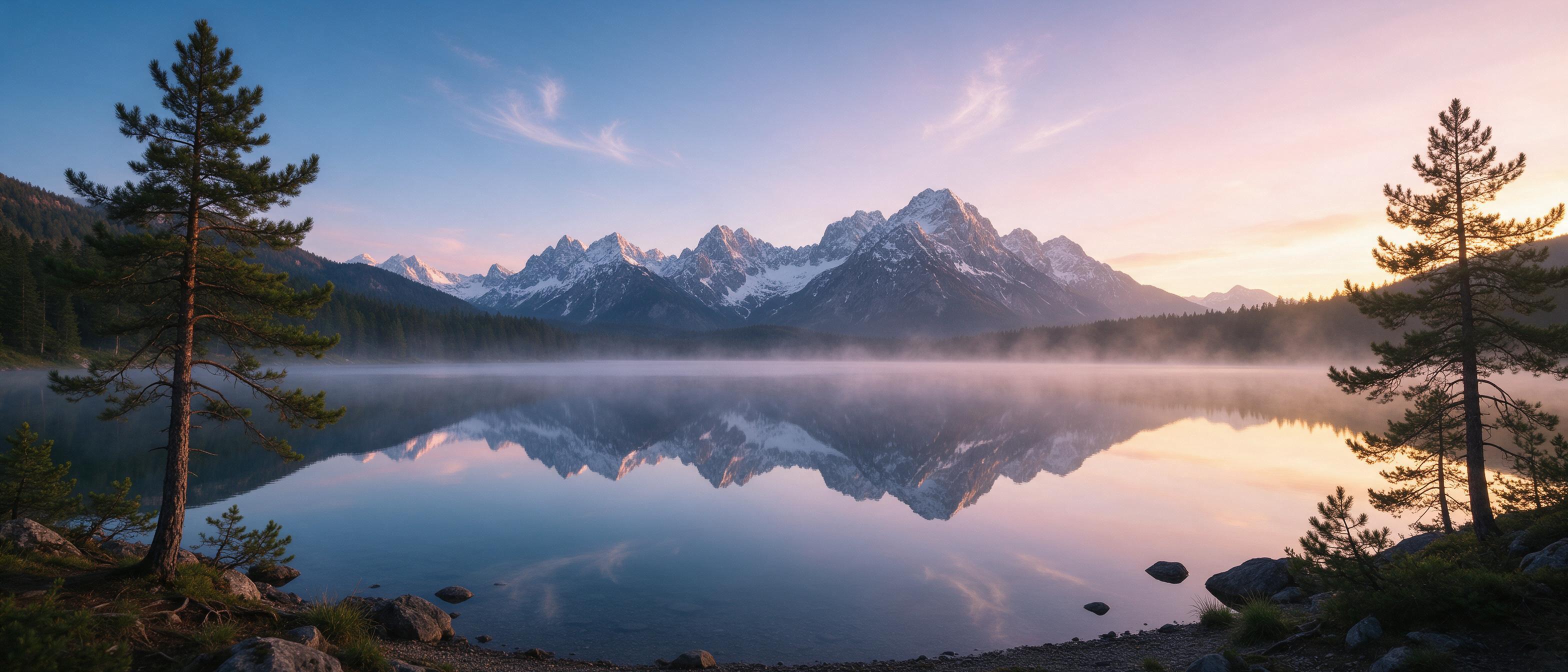 A serene alpine lake at dawn, mirror-calm surface reflecting rugged snow-capped peaks, soft pastel sky transitioning from deep blue to golden pink, a few wispy cirrus clouds, pine trees framing the foreground shore, gentle mist rising off the water, natural gradient light, cinematic wide-angle compo