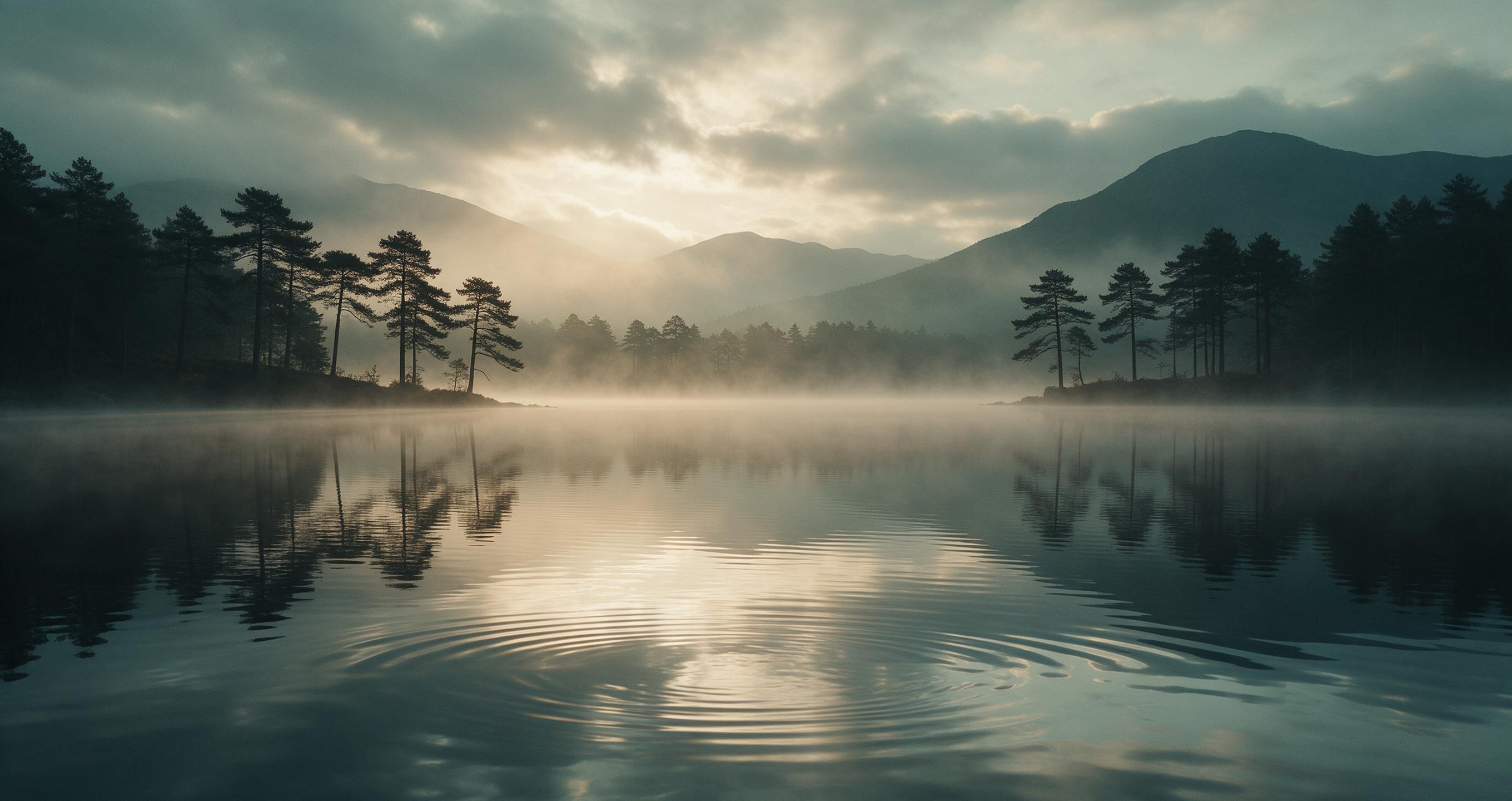 A serene lake at dawn, mist hovering above mirror-calm water, silhouetted pine trees lining the shore, soft golden light breaking through clouds, gentle ripples catching the reflection, muted palette of teal and amber, wide-angle composition with layered mountain backdrop, subtle atmospheric haze, c