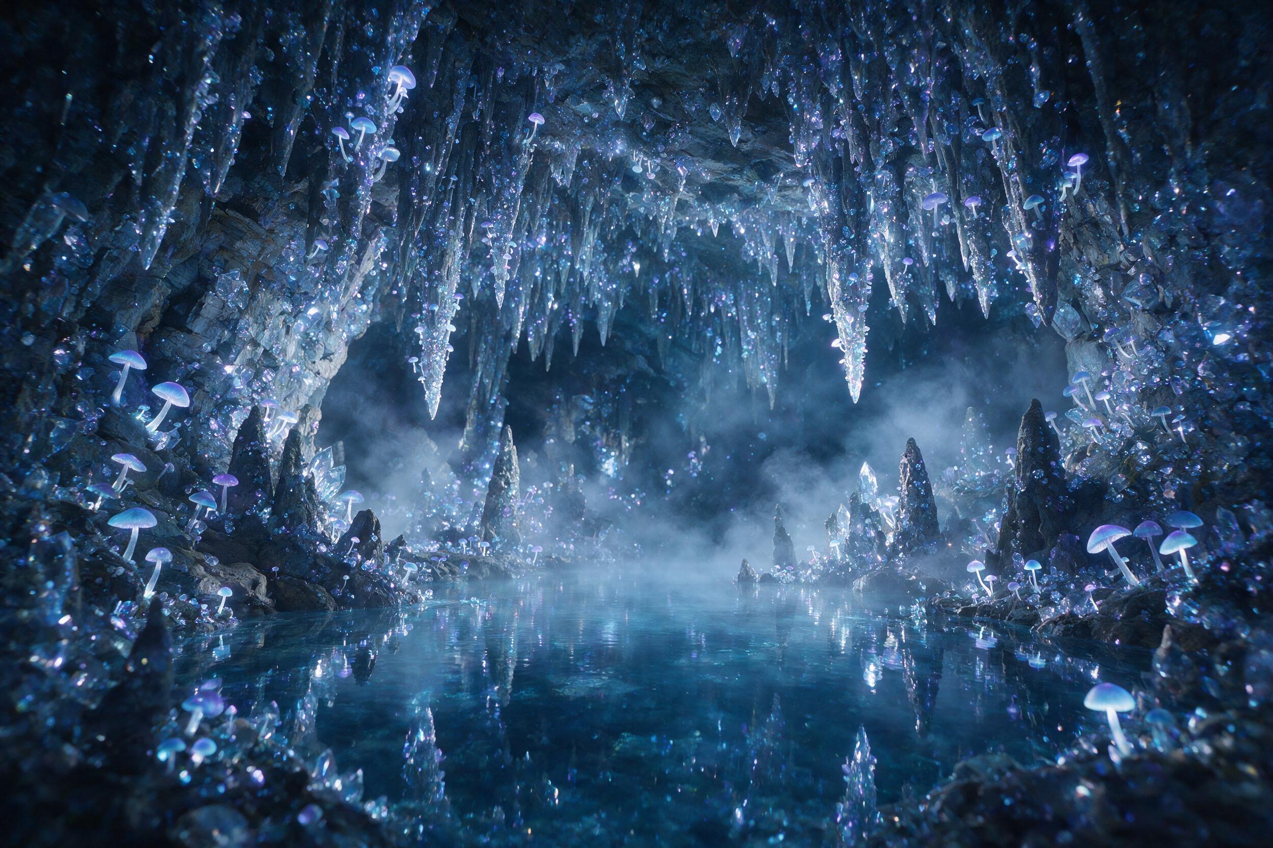 A luminous crystal cave deep underground, with glowing bioluminescent fungi clinging to jagged stalactites, soft blue and violet light reflecting off a still underground pool, mist swirling in the air, slight camera shake effect, natural lighting from the crystals