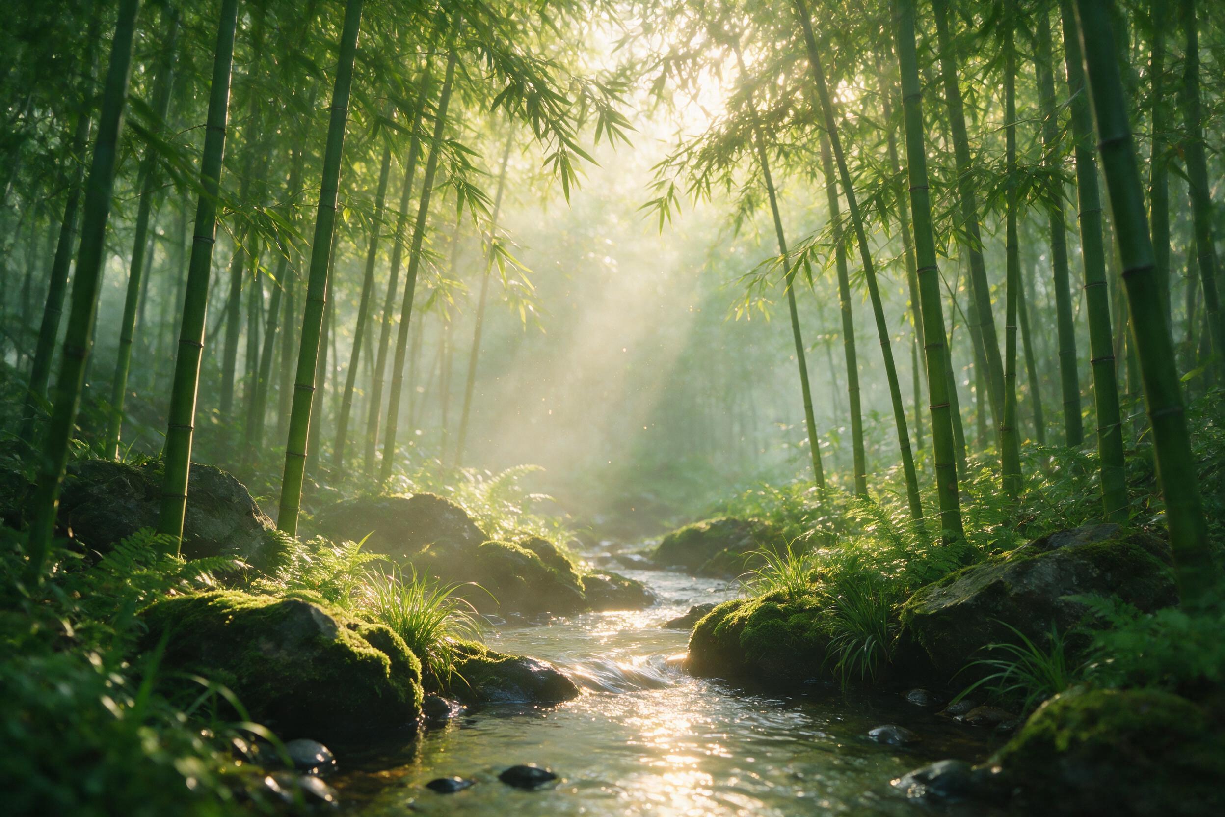 Misty morning in a dense bamboo forest, soft golden sunlight piercing through the canopy, rays of light illuminating floating dust particles, a small stream winding through moss-covered rocks, shallow depth of field, leaves slightly blurred, serene atmosphere, natural green and yellow tones, gentle 