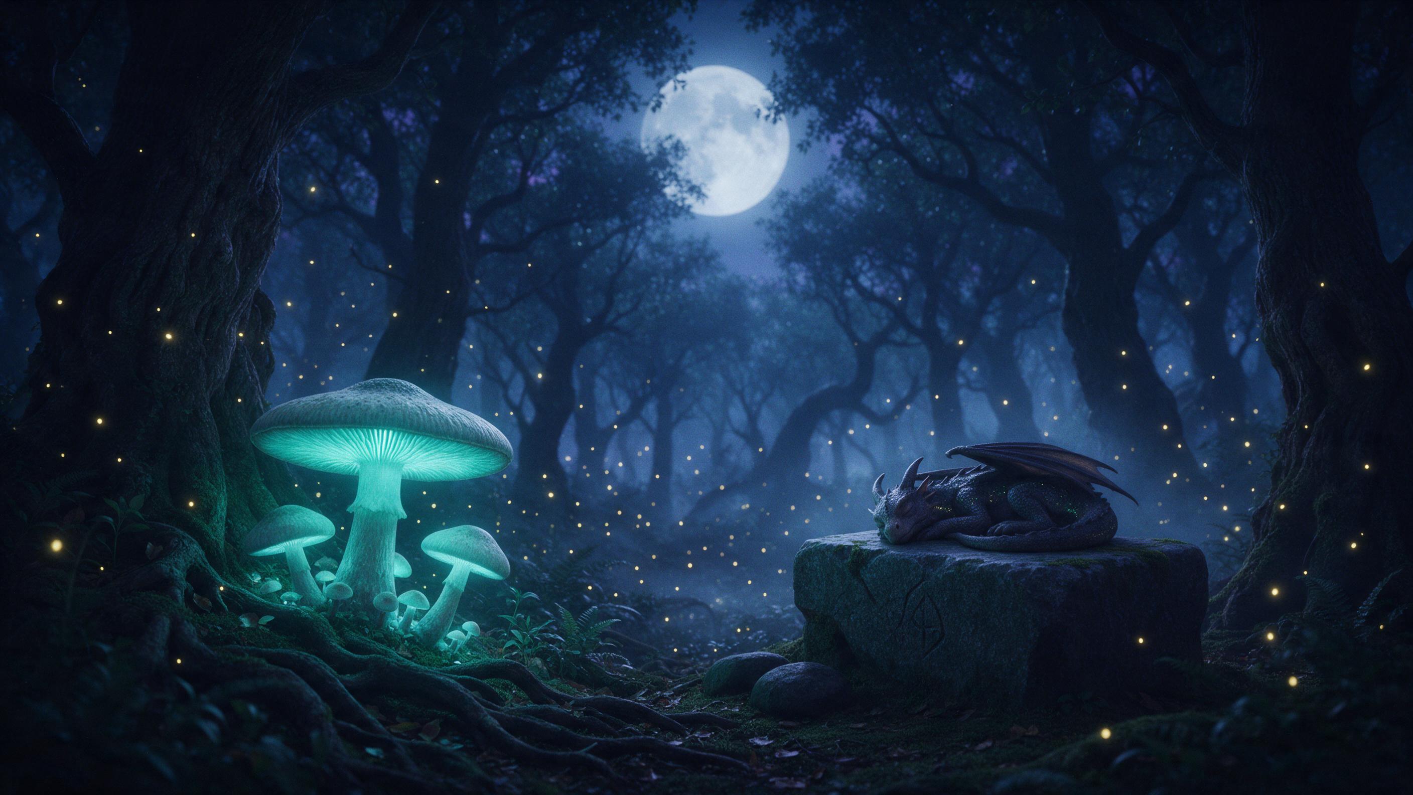 A moonlit ancient forest, giant glowing mushrooms casting teal light on moss-covered roots, a small dragon curled asleep on a stone altar, mist weaving between gnarled trees, fireflies like floating sparks, cinematic wide shot, soft fog, cool blue and violet palette, subtle grain