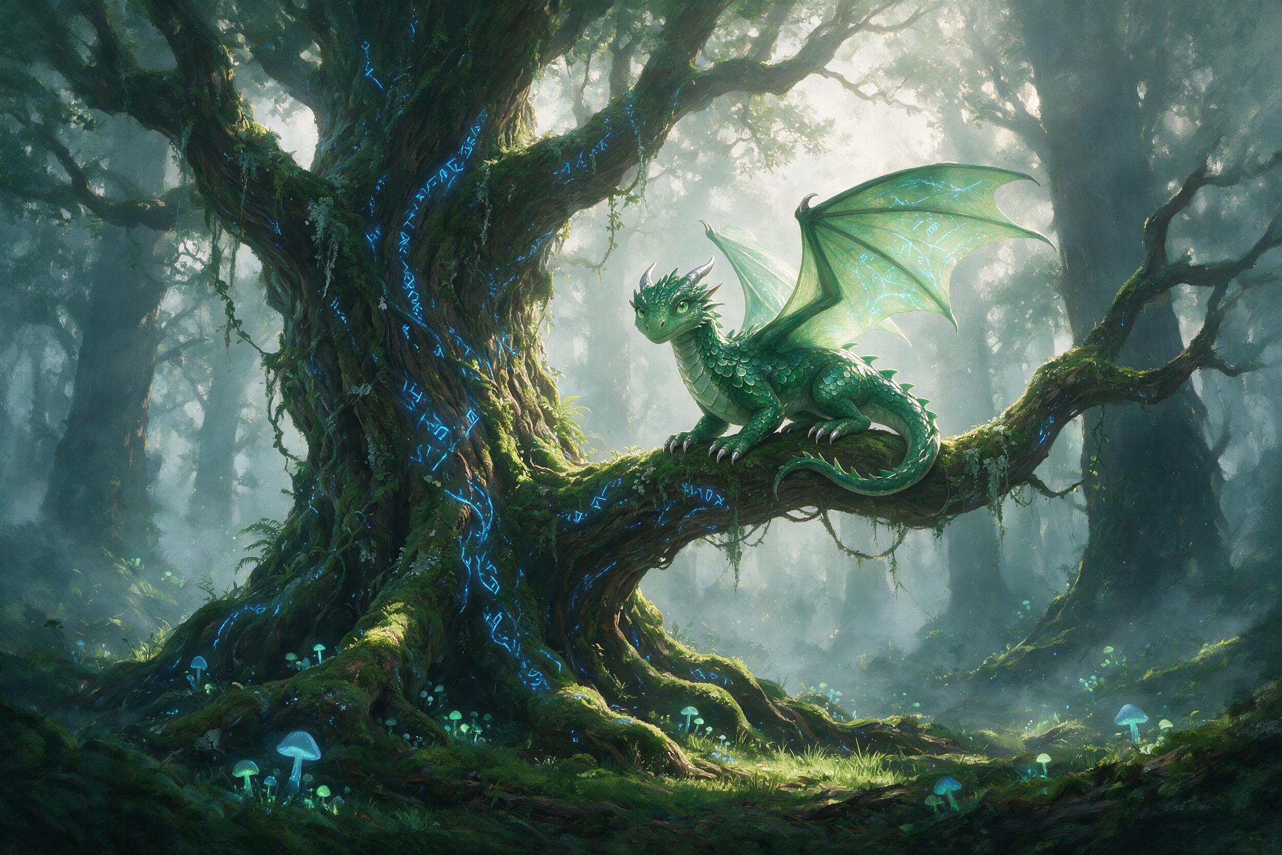 A misty ancient forest at dawn, colossal gnarled tree with glowing blue runes, small dragon perched on a mossy branch, emerald and silver palette, soft volumetric light through fog, ground covered in luminescent mushrooms, shallow depth of field, painterly brushstrokes.