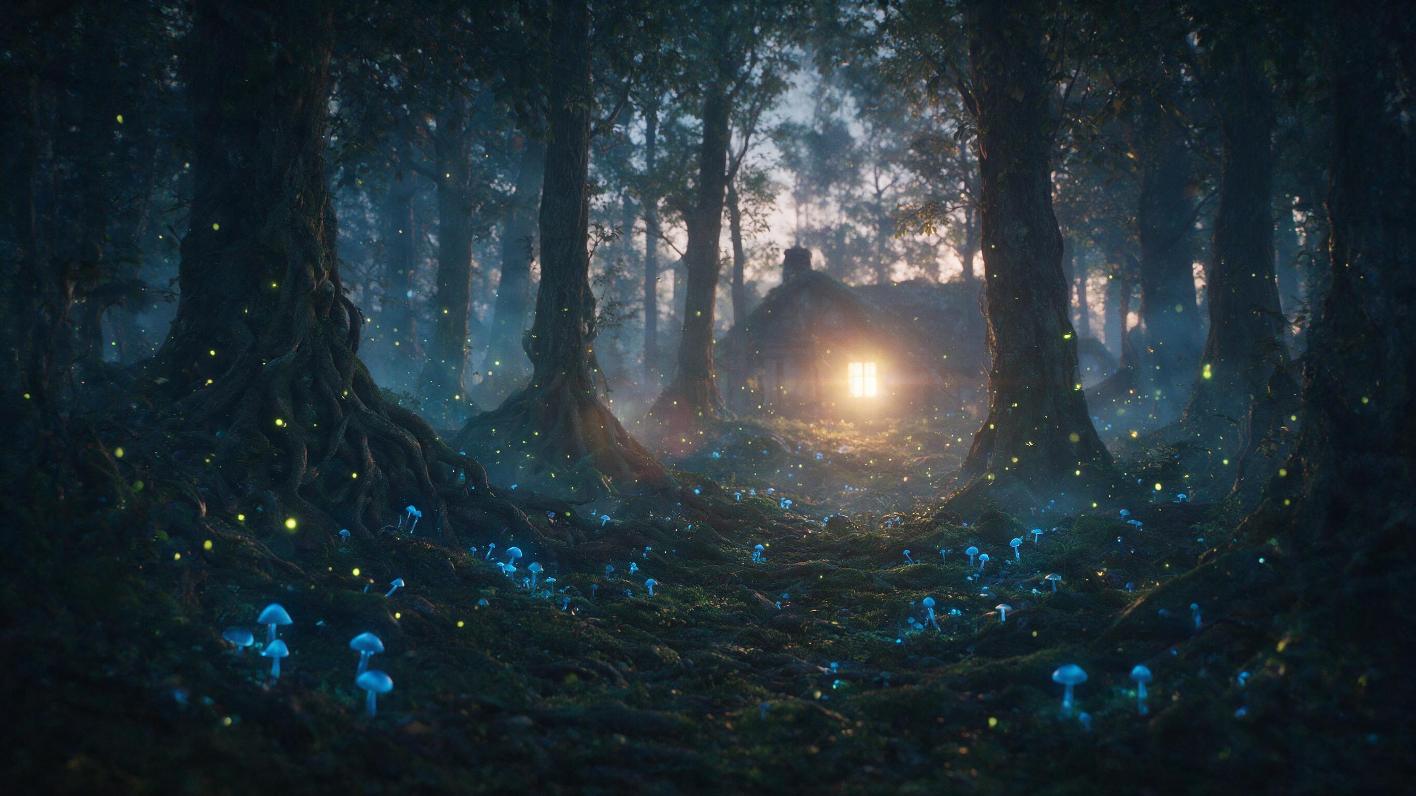A mystical forest at twilight, glowing blue mushrooms dot the mossy ground, ancient trees with twisted roots, ethereal fireflies float in the air, soft mist between trunks, warm golden light from a distant cottage window, cinematic composition, gentle lens flare, magical atmosphere, slight grain fro