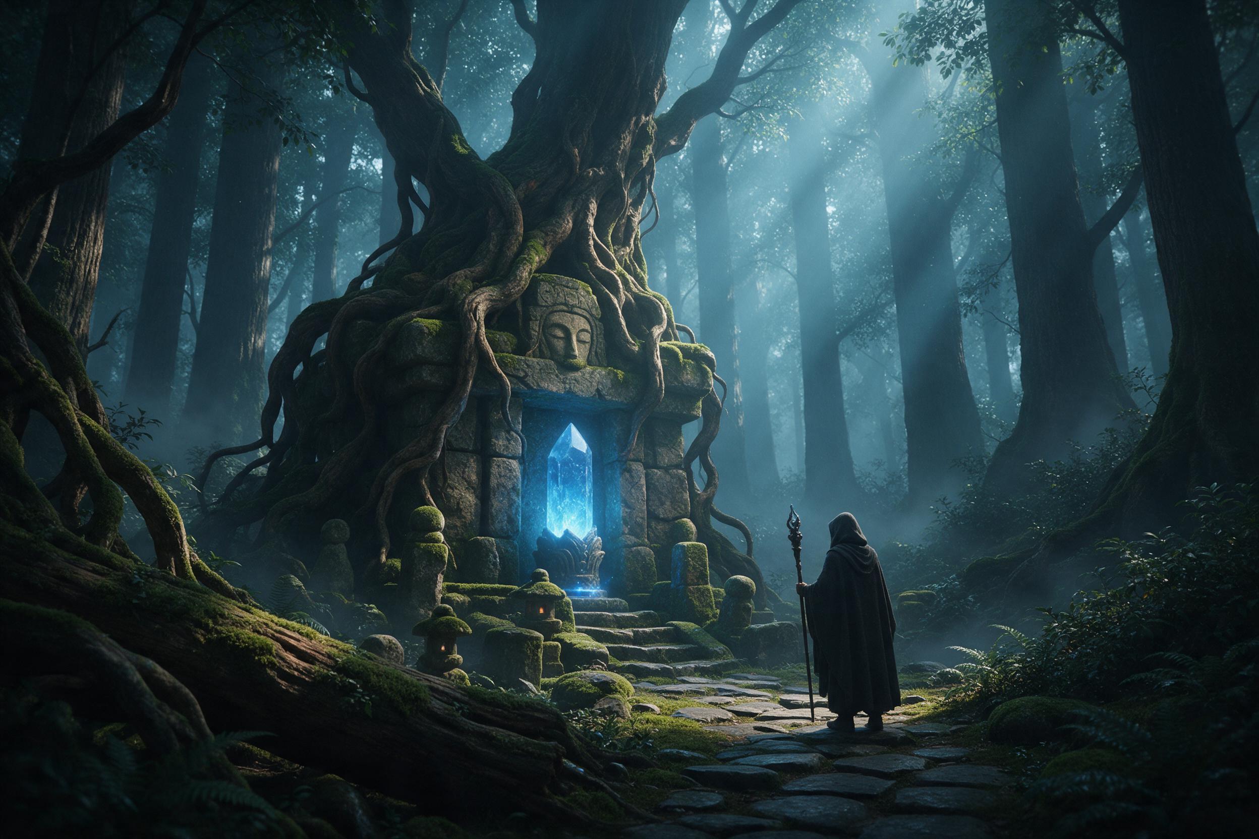A misty ancient forest at dawn, colossal tree roots entwining a glowing crystal shrine, ethereal blue light filtering through dense canopy, a small hooded figure with an ornate staff standing on a moss-covered stone path, soft volumetric rays, deep shadows, muted green and teal palette, cinematic co