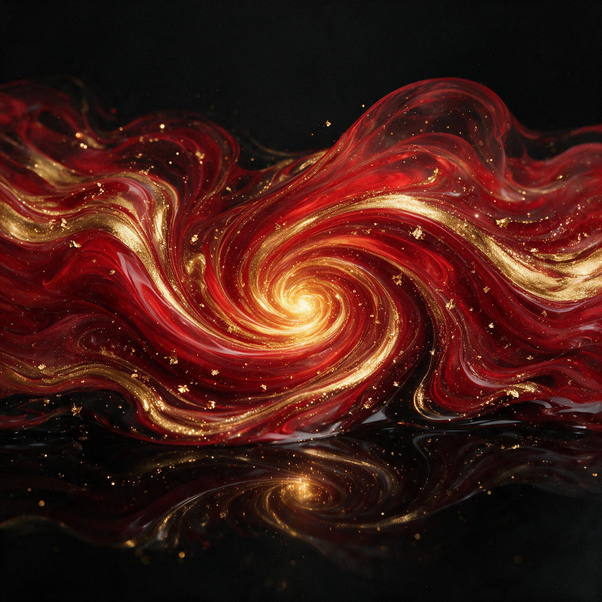 Ethereal fluid art: swirling waves of deep crimson and gold, merging into a vortex of light, with subtle reflections on a glossy black surface, soft diffused studio lighting, minimalistic composition, slight grain for texture