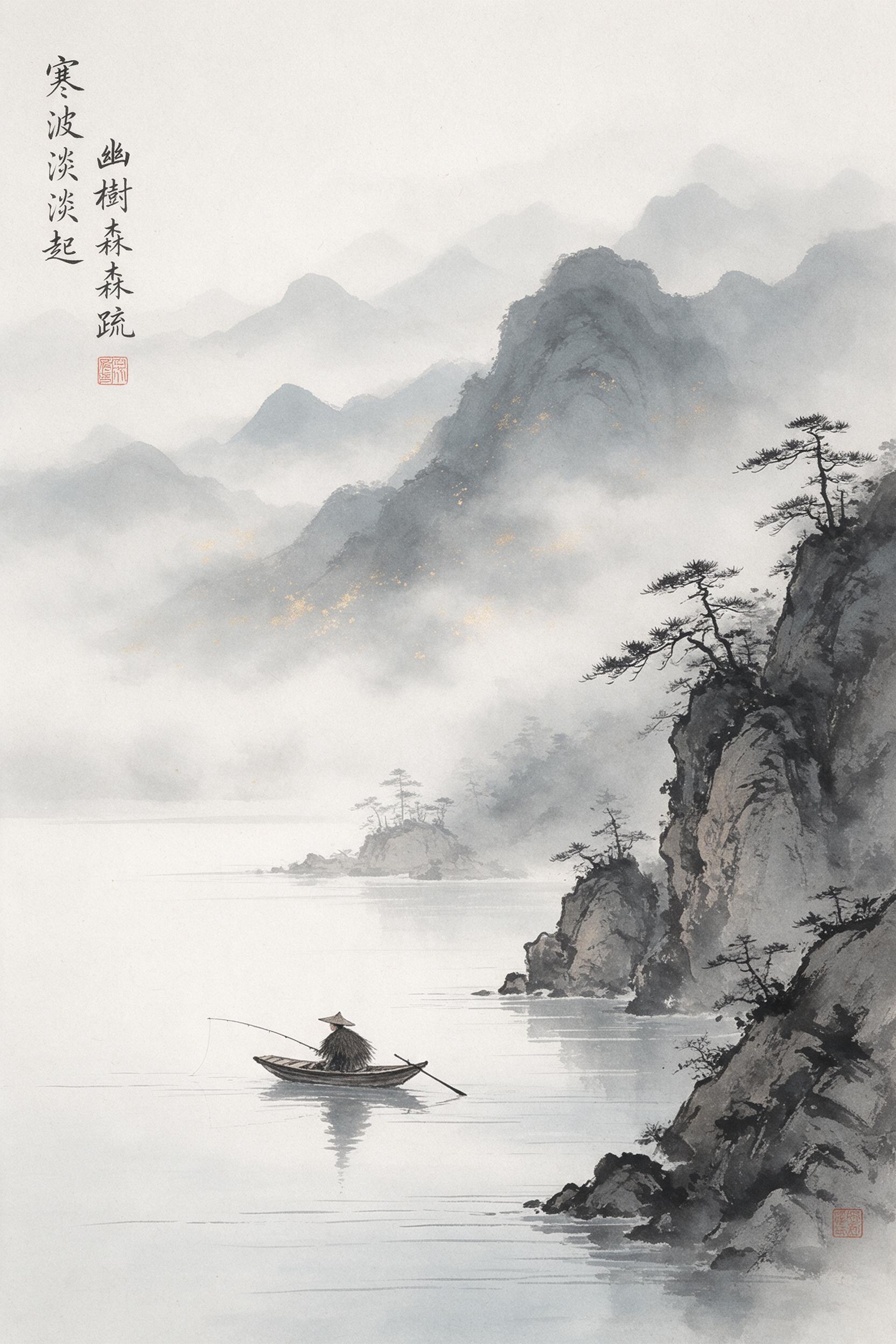 Misty ink wash painting of a solitary fisherman on a narrow boat crossing a vast, tranquil lake, surrounded by layered mountain silhouettes fading into pale fog, a few sparse pine trees clinging to rocky cliffs, soft brush strokes and negative space, muted grey and blue tones with faint gold light o