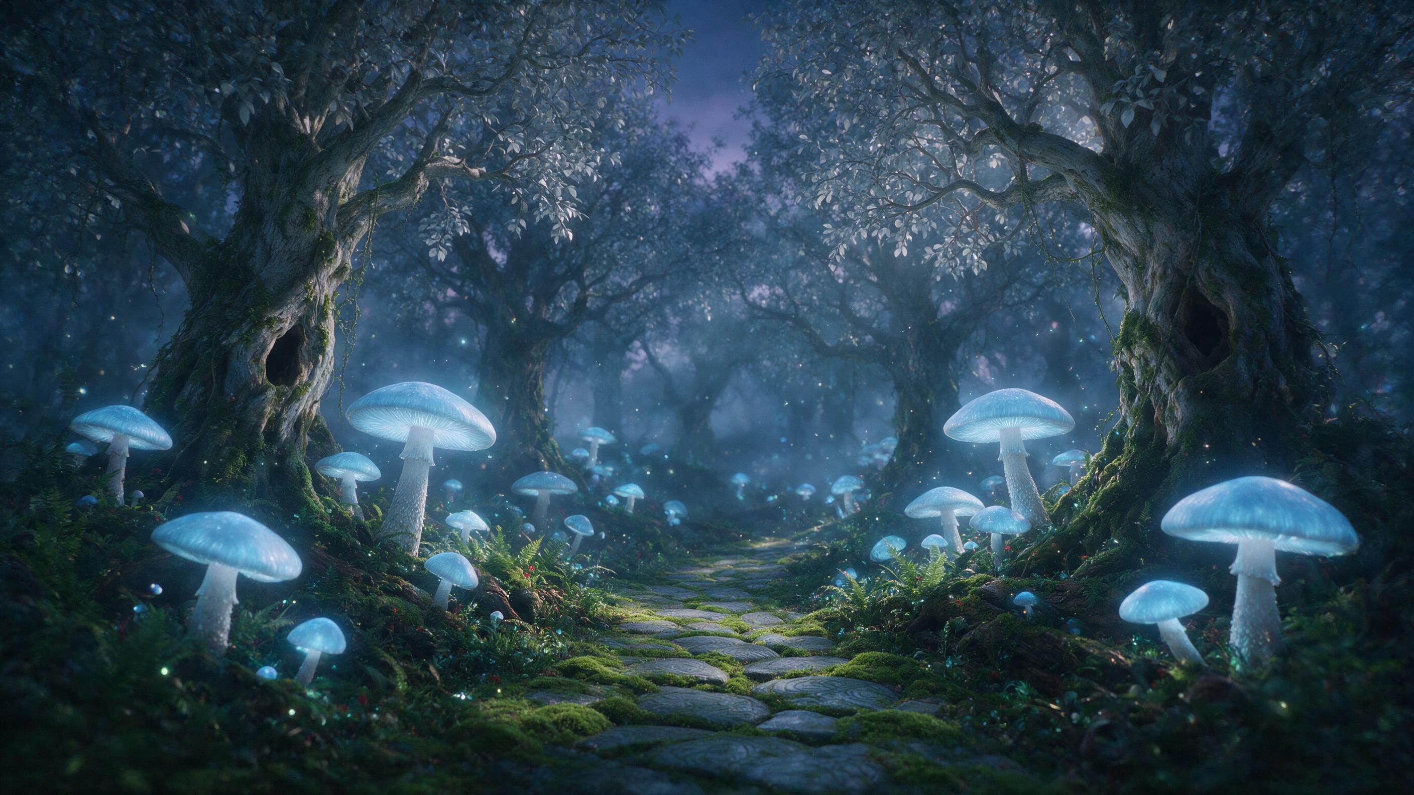 A misty bioluminescent forest at twilight, giant glowing mushrooms casting soft blue light on winding mossy paths, ethereal fireflies drifting, ancient twisted trees with silver leaves, volumetric fog, cinematic composition, shallow depth of field, subtle grain