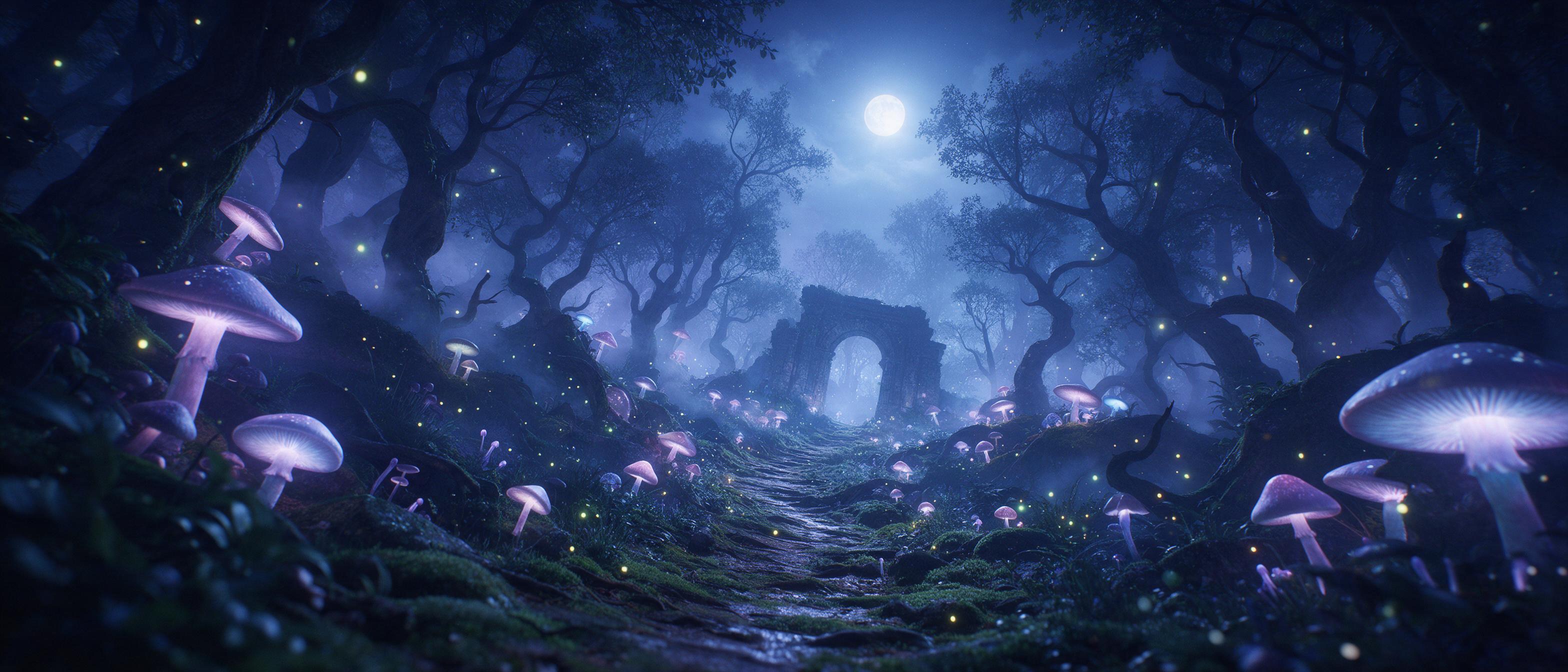 A moonlit ancient forest with giant glowing mushrooms and fireflies, a winding mossy path leading to a distant ruined stone archway, soft blue and violet tones, ethereal mist drifting between twisted trees, cinematic wide shot with a low camera angle